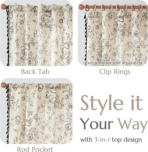 Miniatura 6 de JINCHAN 2 paneles de cortinas de mezcla de lino, con estampado floral, para la sala, 63 pulgadas largo, con pasabarras, estilo casa de campo y