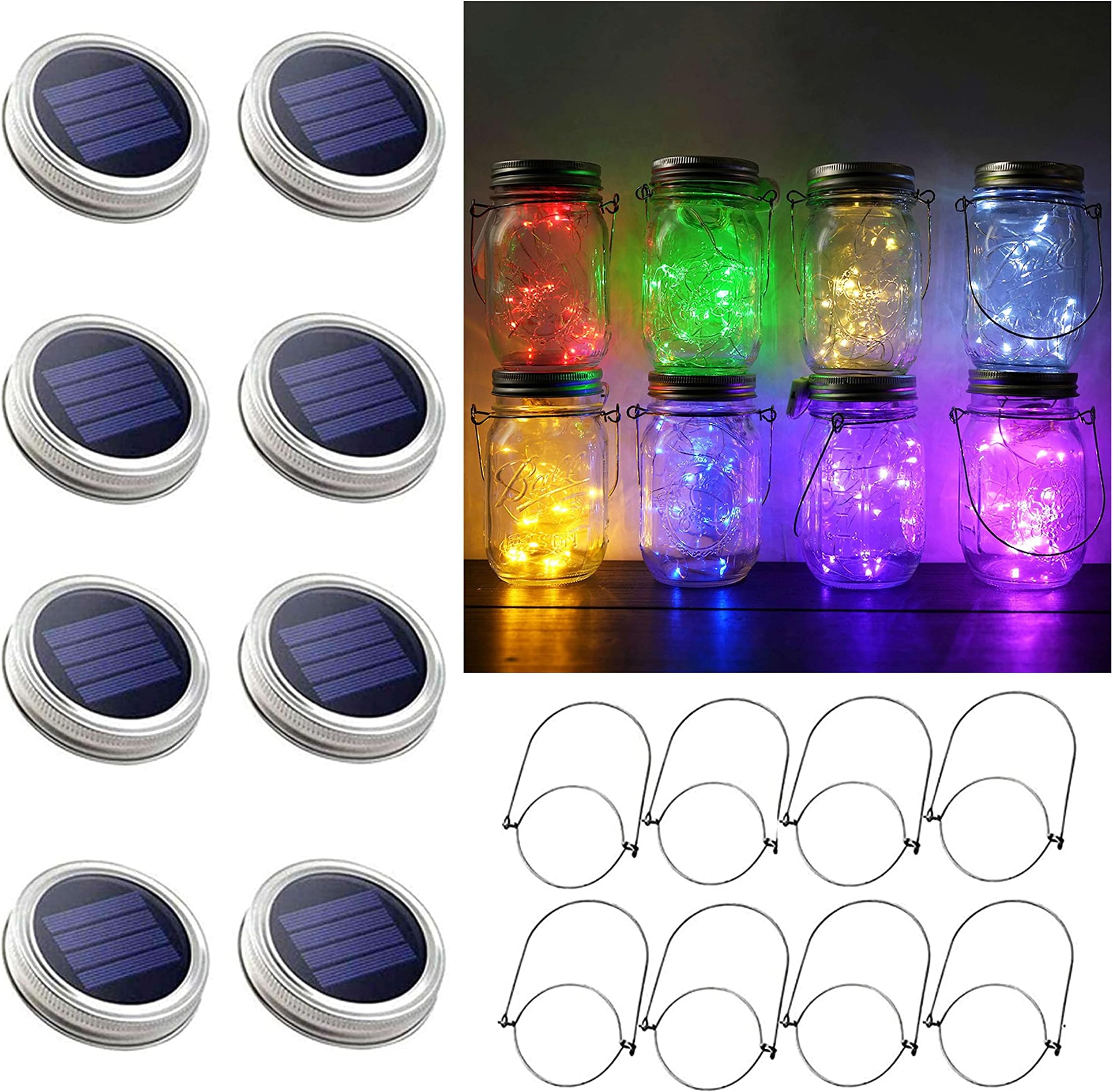 30LED Solar Mason Jar Lights, 8 Pack Jar Lid String Lights (No Jars), Waterproof Fairy Firefly Light for Garden, Patio, Outdoor, Yard, Lawn Decor(8 Colors)