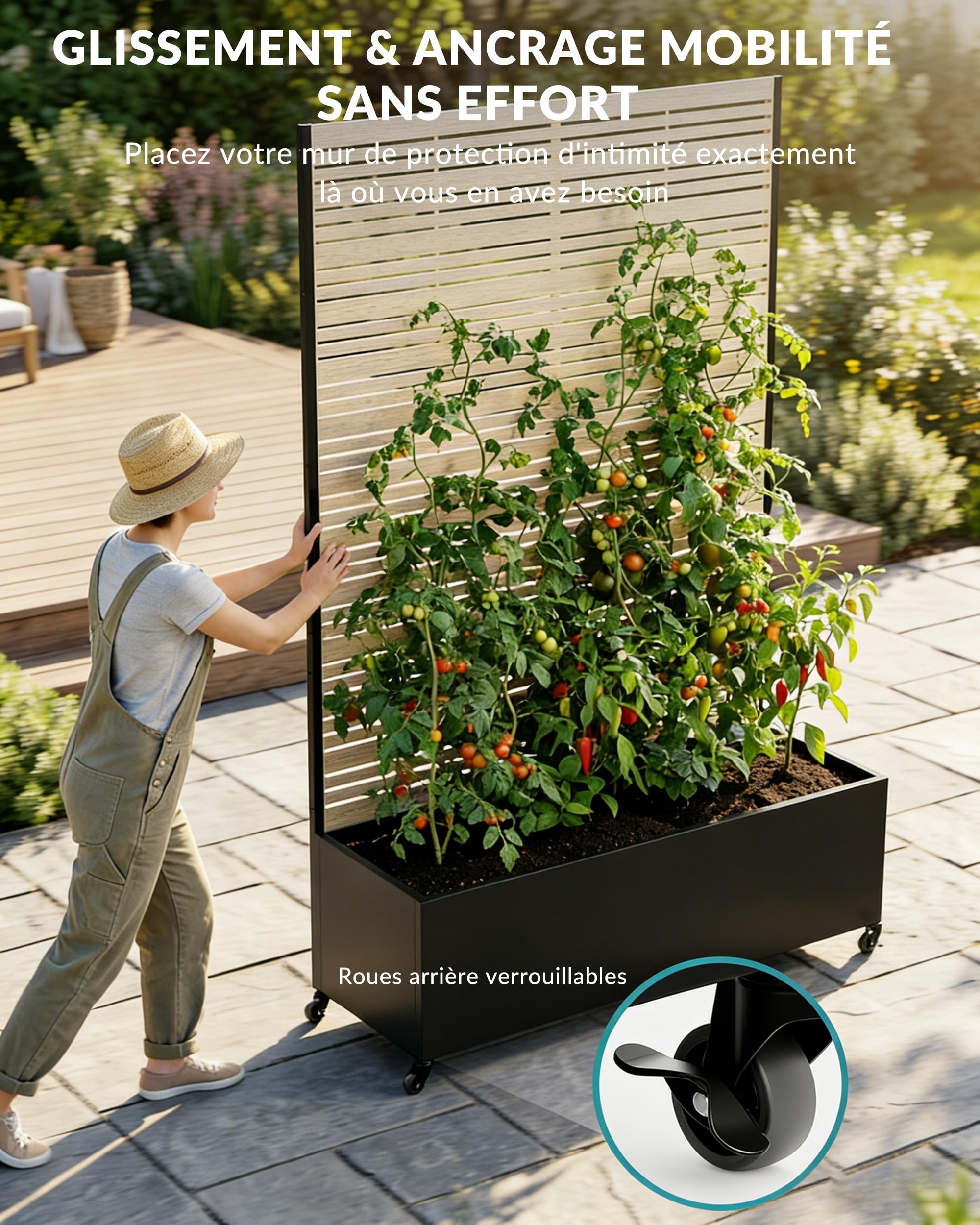 Carré Potager avec Brise-Vue, Jardinière en Métal avec Treillis et roulettes, Bac à Fleurs Autoportant 33cm de Profondeur, Résistant aux Intempéries pour Jardin, Balcon et Terrasse
