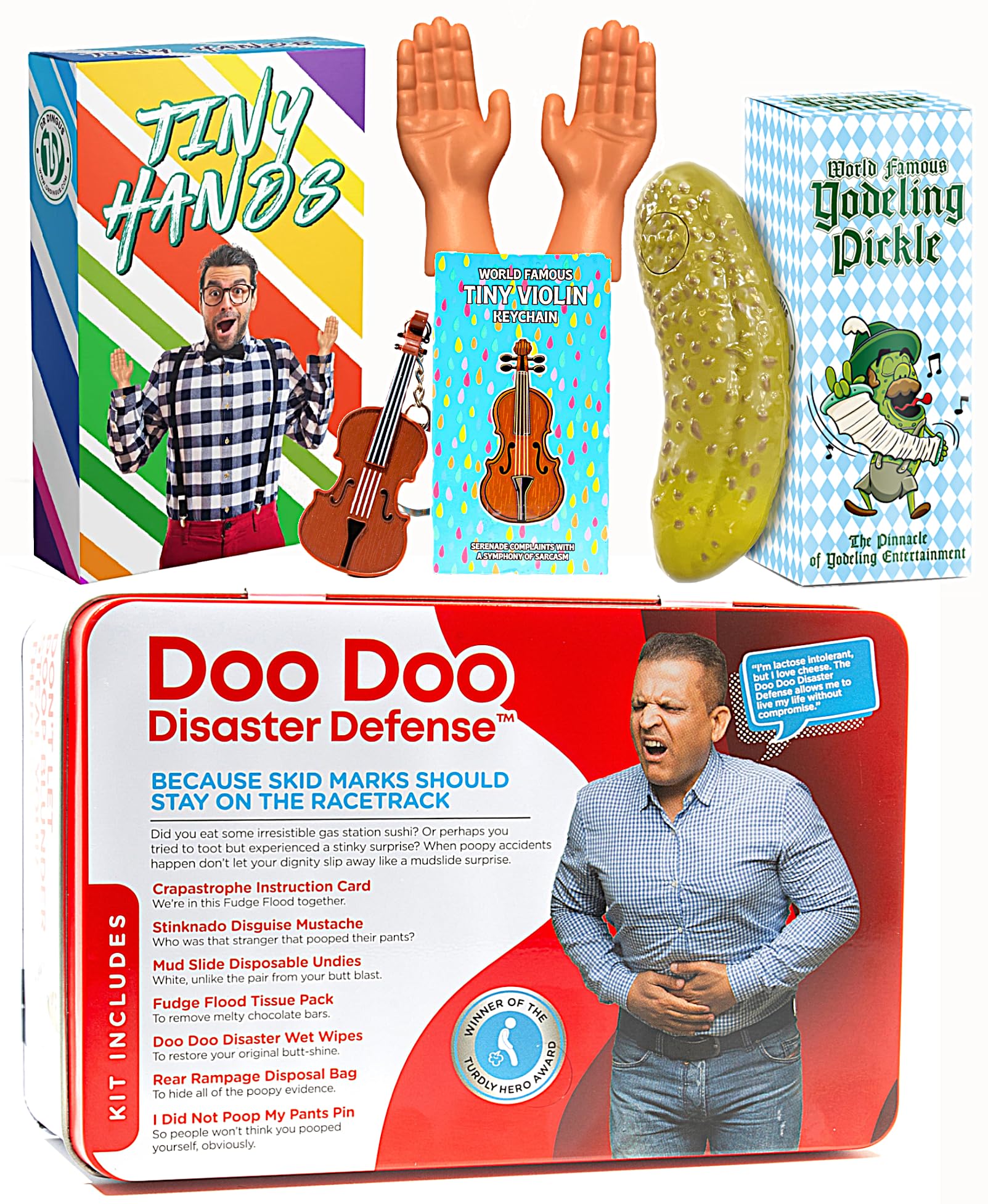 DR DINGUS4 Pack - Top Selling Pack - Tiny Hands, Yodeling Pickle, Smallest Violin, Doo Doo Disaster Defense - Best Gag Gift for Friends Family Coworkers