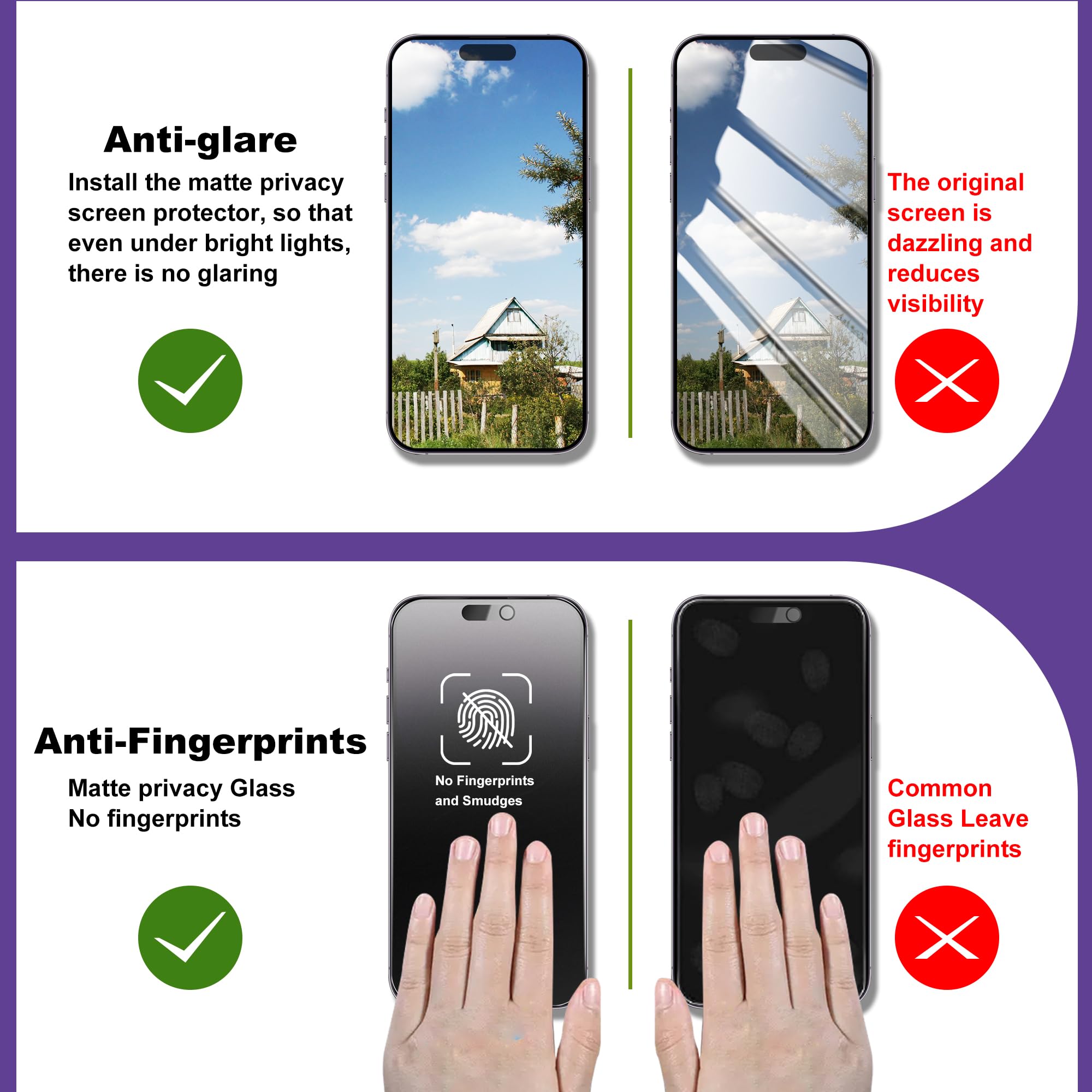Paquete de 2 películas de vidrio templado de privacidad mate para iPhone 14 Pro/15/16