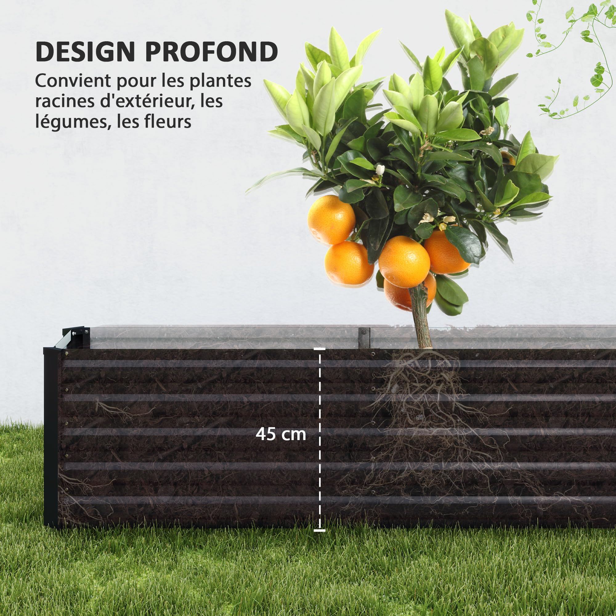 Outsunny Carré Potager, Potager surélevé en Acier galvanisé, Barres de Soutien et plaques d'angle, Fond Ouvert, lit de Jardin surélevé, pour Plantes légumes, Fleurs, 240 x 40 x 45 cm, Gris foncé