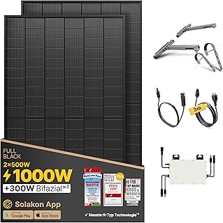 Solakon® 1000W Balkonkraftwerk mit Halterung (Balkon) - Balkonkraftwerk 800W komplett Steckdose - neuester 800 Watt Wechselrichter - Solaranlage Komplettset - 500W bifaziale Solarmodule inkl. Zubehör