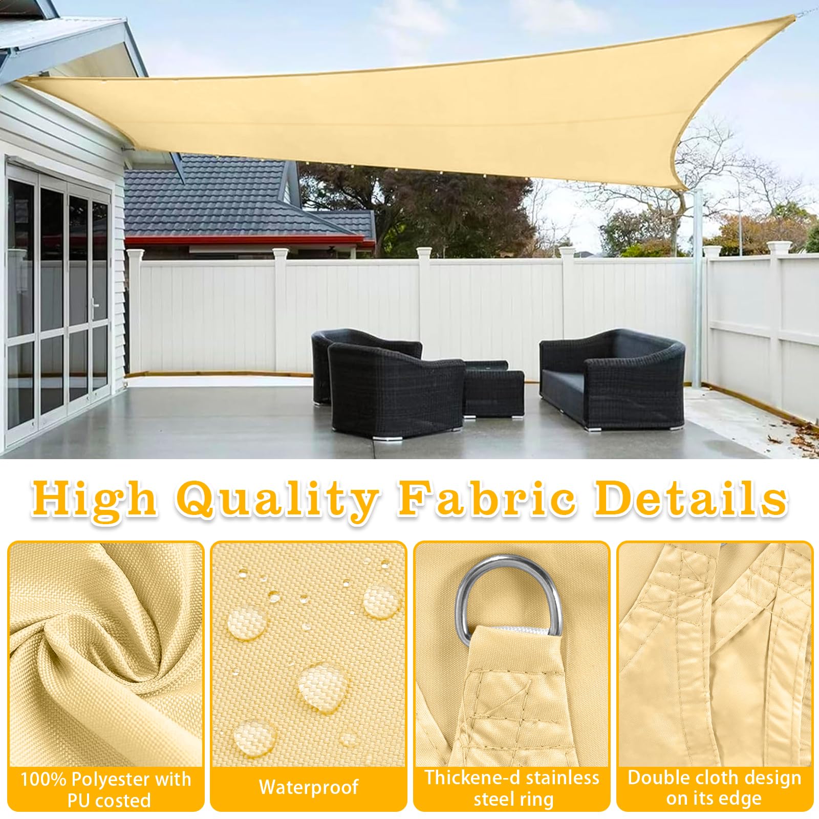 Vela Ombreggiante 3x4m - Protezione UV 95%, Impermeabile, Per Giardino, Terrazza, Balcone - Foto 4