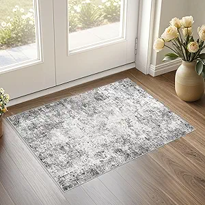 2x3 Entryway Area Rug: Washable Neutral Modern Abstract Small Rug - Non-Slip Low Pile Throw Indoor Carpet for Entrance Kitchen Front Door Mat Bathroom Entry Kids Room - Grey