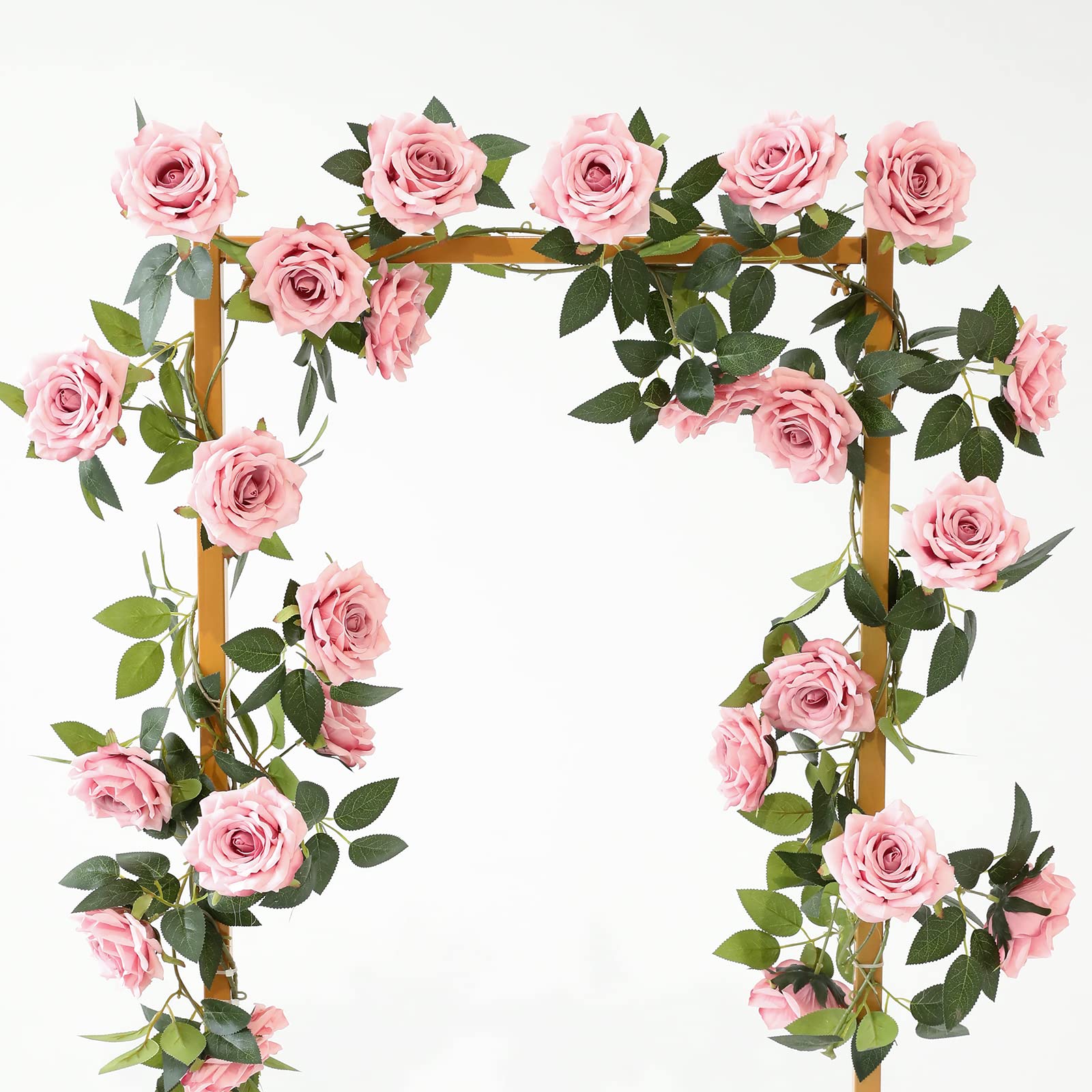 dallisten 2 Strands 73'' Artificial Silk Rose Flower Vines Garland, Fake Pink Roses Floral Green Leaves Hanging Plant for Wedding Arrangement