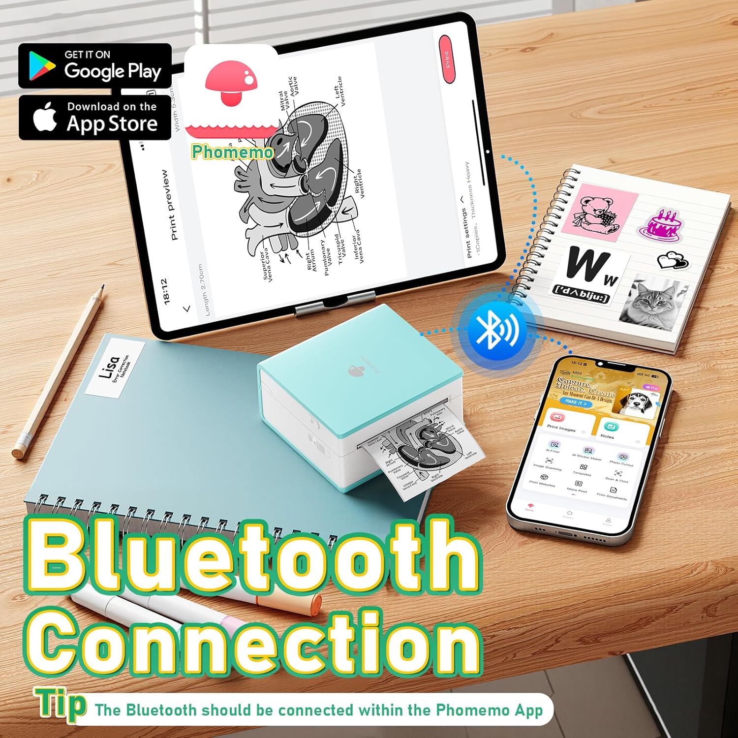 Phomemo Mini Sticker Printer, Mini Printer Sticker Maker Machine M02, Print Pods Pocket Machine for DIY, Study Notes, Diaries, Thermal Small Portable Maker with AI APP for Home/Office/School, Cyan