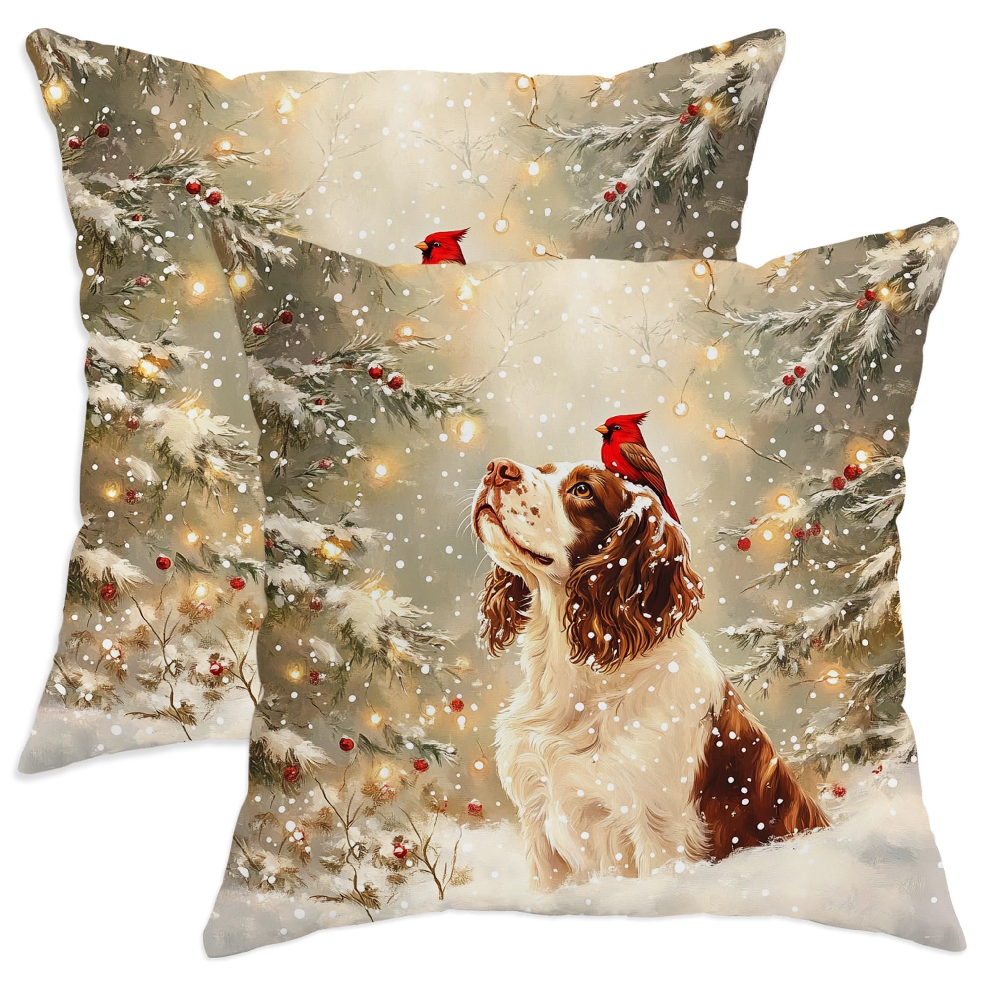 Christmas Springer Spaniel Dog Throw Pillow Covers 12x12 Set of 2, Soft Xmas Cardinal Snowy Pillow Cases Kit with Zipper, Pet Pattern Velvet Decor Couch Sofa Living Room