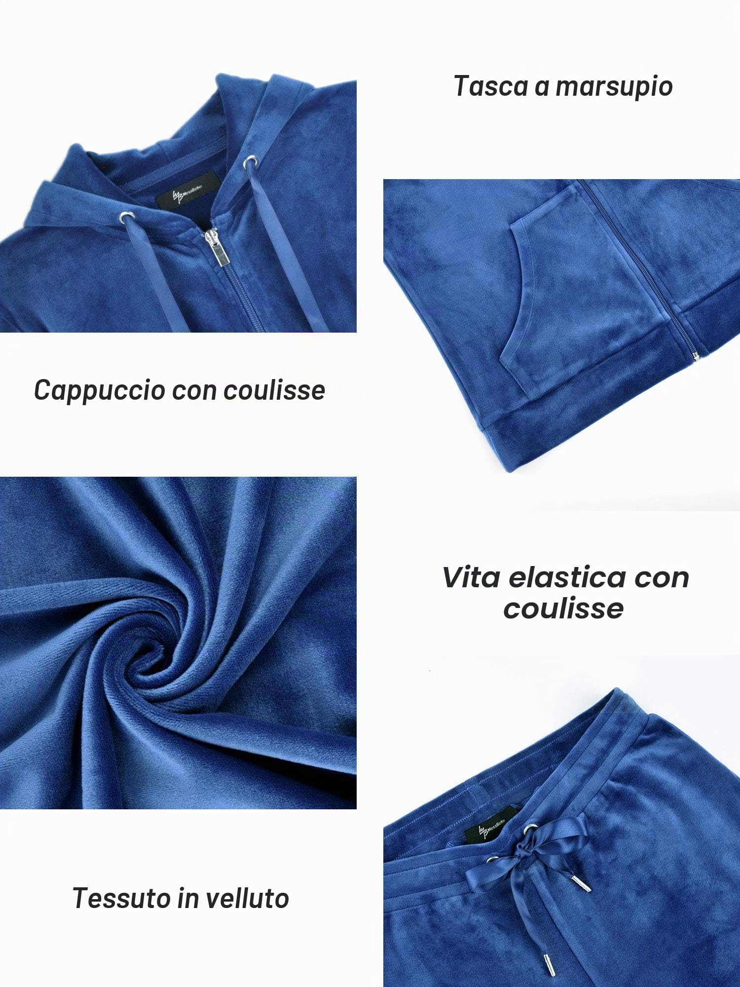 MessBebe - Tuta da donna in velluto, con cappuccio, a maniche lunghe, stile casual, completo in 2 pezzi