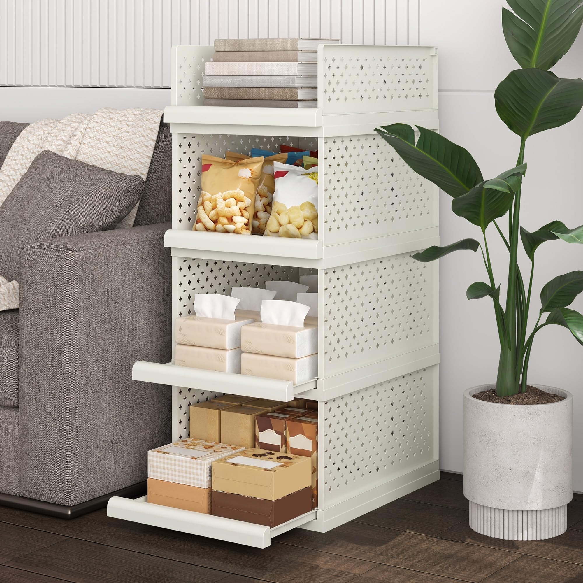 Paquete de 4 cajones de almacenamiento, organizador de baño, estantes apilables de 81,5 cm de alto | Cajas organizadoras grandes para dormitorio, baño, sala de estar, cocina, oficina, entrada, 32,5 cm de ancho
