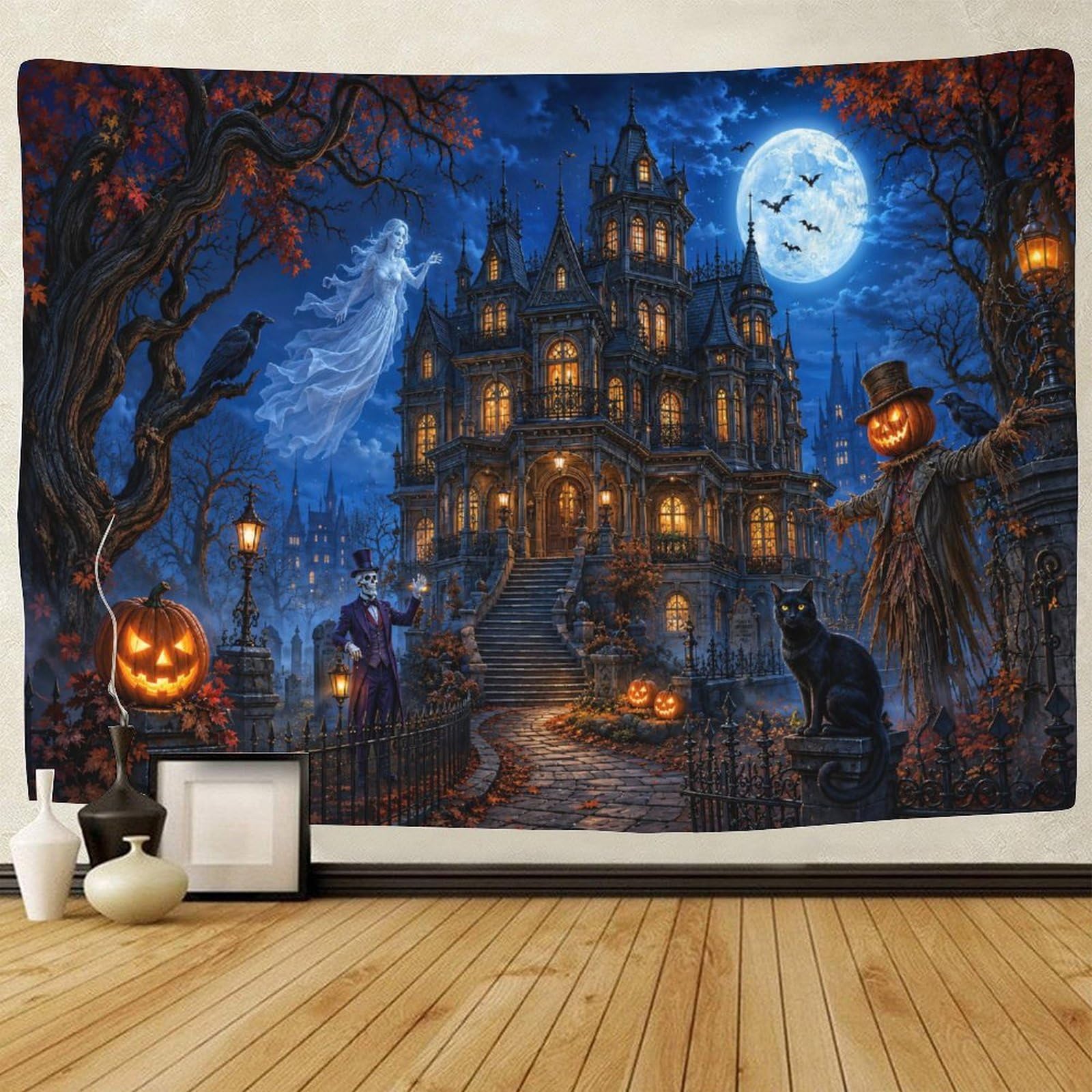 ASDFGHJKLZA Gothic Halloween Haunted House 3D Print Wall Tapestry Wall Hanging Decor Horror Tapestries Home Decoration Curtain Living Room College Dorm 130cmx150cm