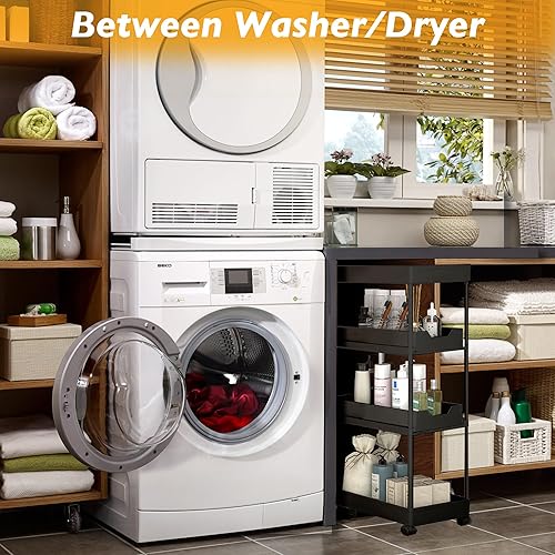 Miniatura 7 de SVOHZAV Carrito de almacenamiento delgado con rueda con cerradura, estantes de pie con cestas extraíbles, carrito rodante de 4 niveles, organizador