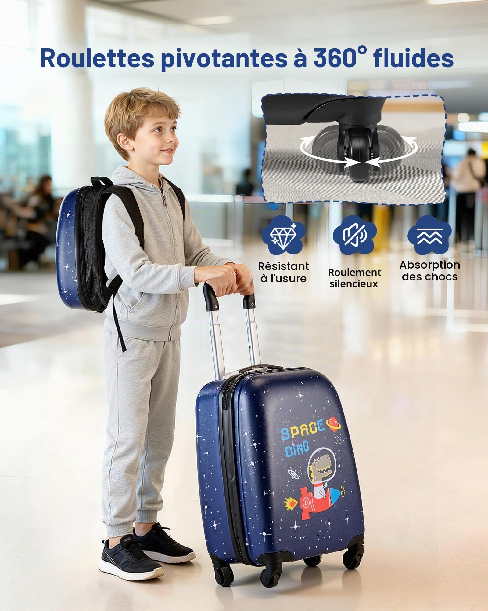 VEVOR Valise Enfant 32x23x45 cm Bagage Enfant 2 PCS avec Valise Cabine à roulettes Pivotantes pour Enfants Fille Garçon et Sac à Dos Motif Dinosaure Coque Rigide, Approuvée par Compagnies Aériennes
