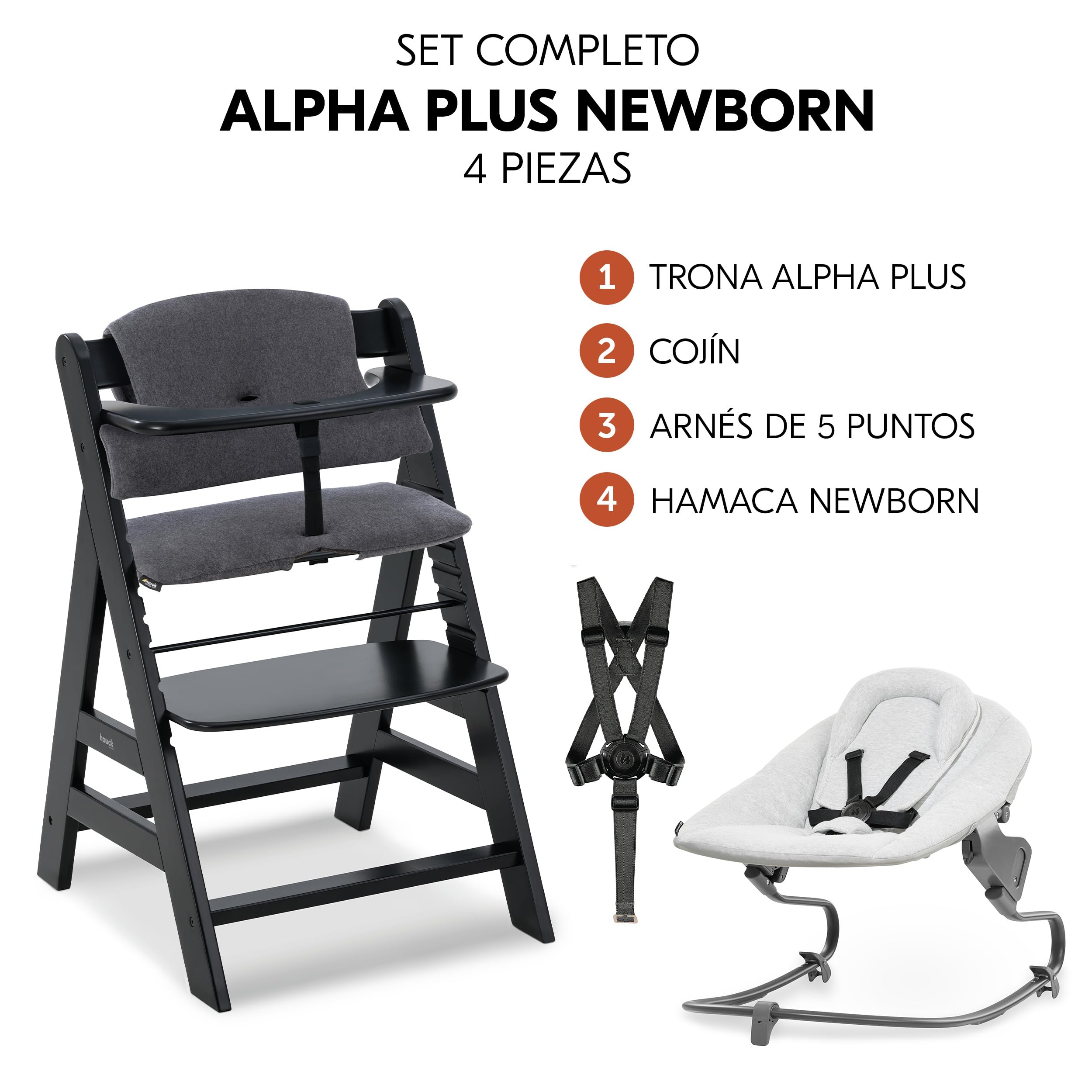 hauck Alpha Plus Premium Set de Trona Evolutiva Bebé con Hamaca Reclinable para Recién Nacidos y Cojín de Algodón - Sillas Tronas Madera con Arnés de 5 Puntos