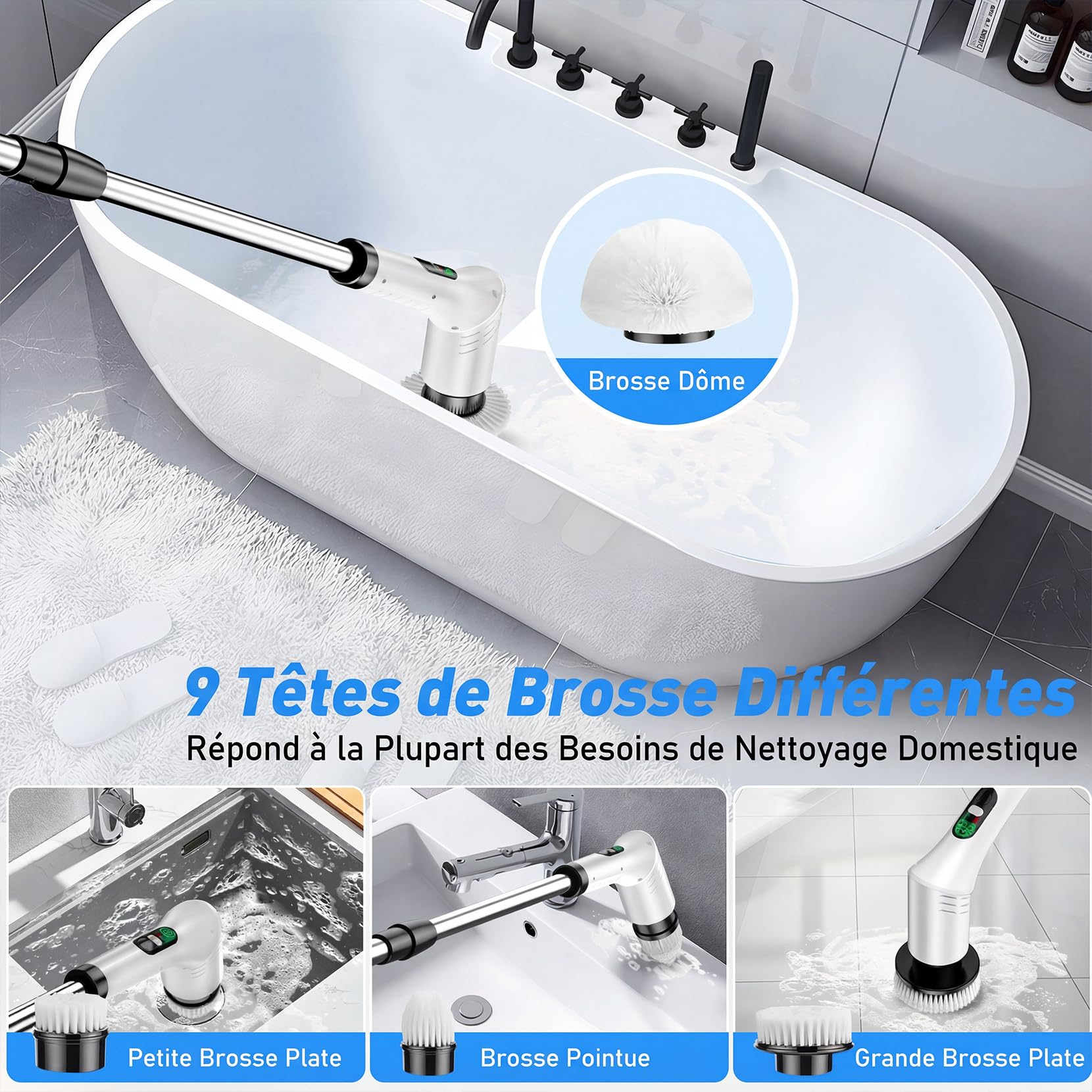 Brosse Nettoyage Electrique avec 9 têtes, Brosse Electrique Nettoyage étanche IPX6, 2 Vitesses Télescopique Brosse Rotative pour Salle de Bain, Cuisine, Sol, Voiture