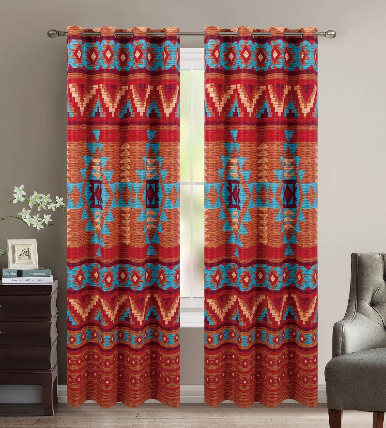 Western Essence Southwestern Native American Tribal Navajo Design 6 Piece Multicolor Turquoise red Orange Brown Bedspread Quilt with Fitted Sheet Set (Queen) Thermal Curtain Set Brown