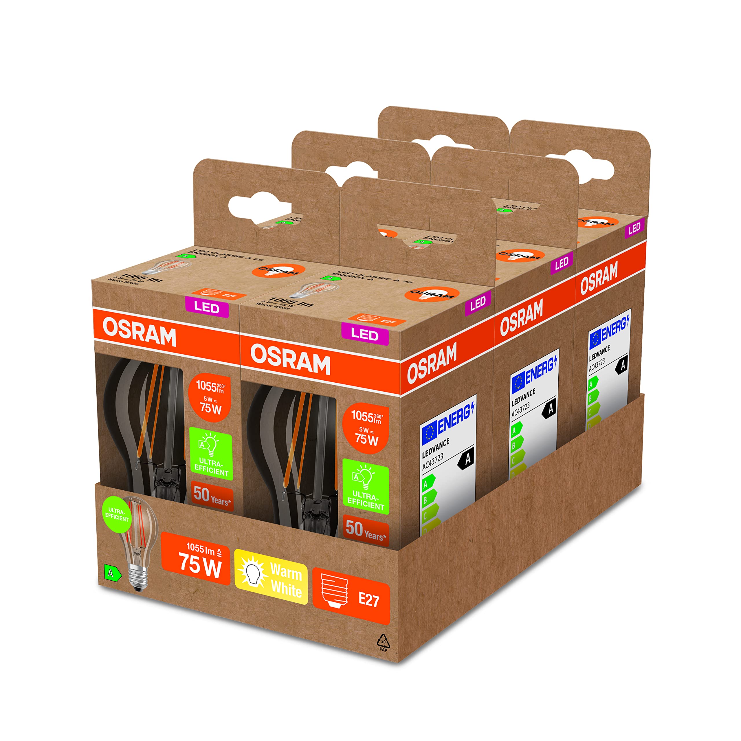 OSRAM Led a Risparmio Energetico, Lampadina a Filamento, E27, Bianco Caldo, 3000K, 5 Watt, Sostituisce La Lampadina da 75W, Efficiente E a Risparmio Energetico, Confezione da 6