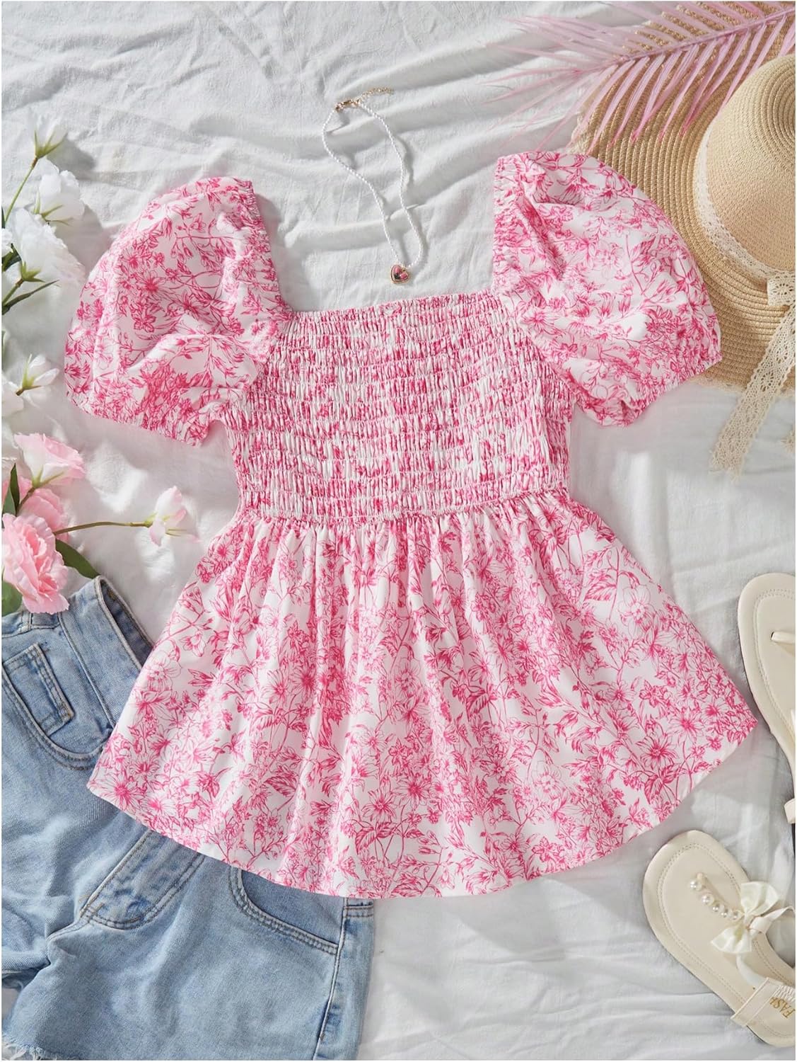 Girl's Floral Puff Sleeve Smocked Blouses Shirts Sweetheart Neck Babydoll Peplum Top - Image 2