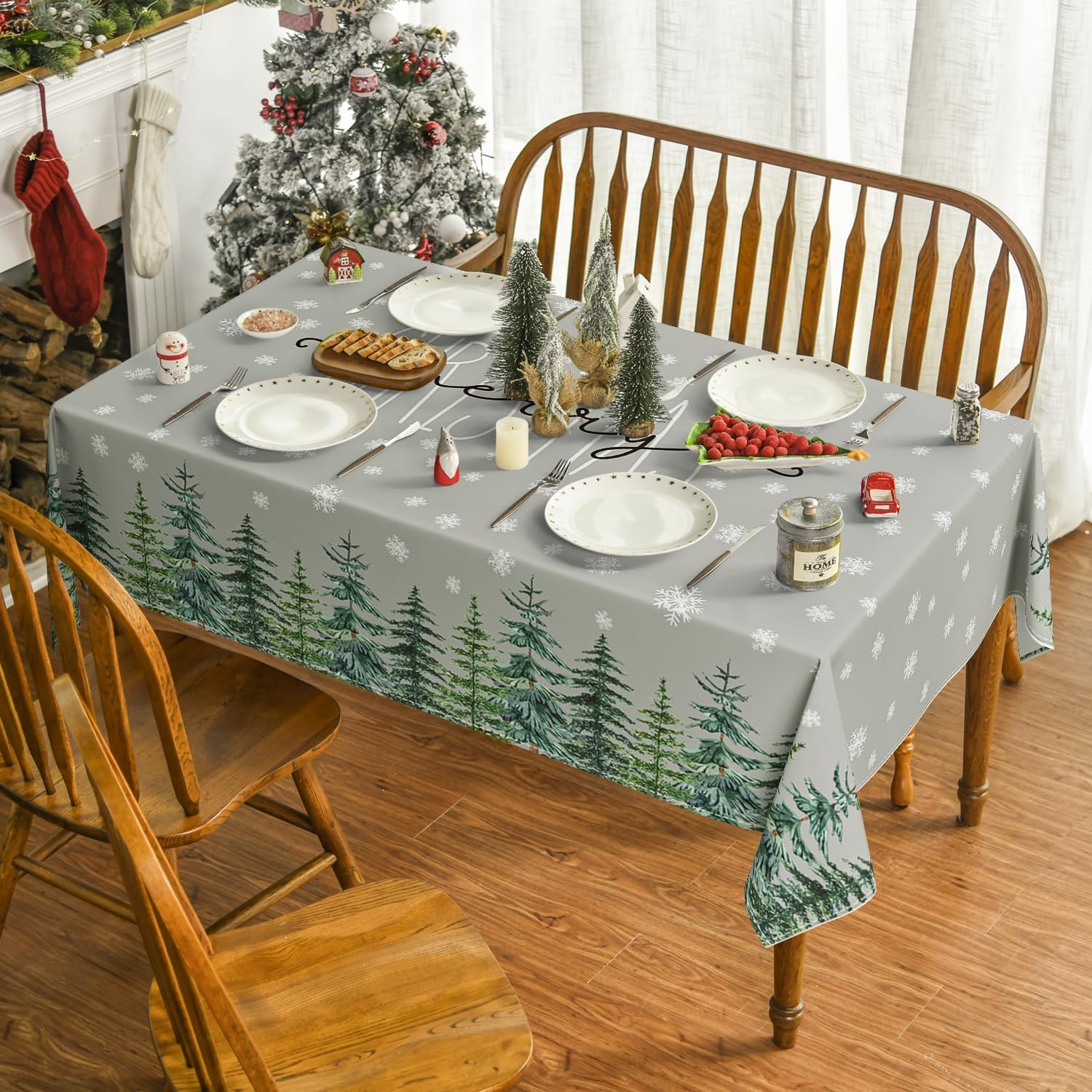 Horaldaily Christmas Tablecloth 60×104 Inch Rectangular, Winter Snow Trees Grey Washable Table Cover for Party Picnic Dinner Decor
