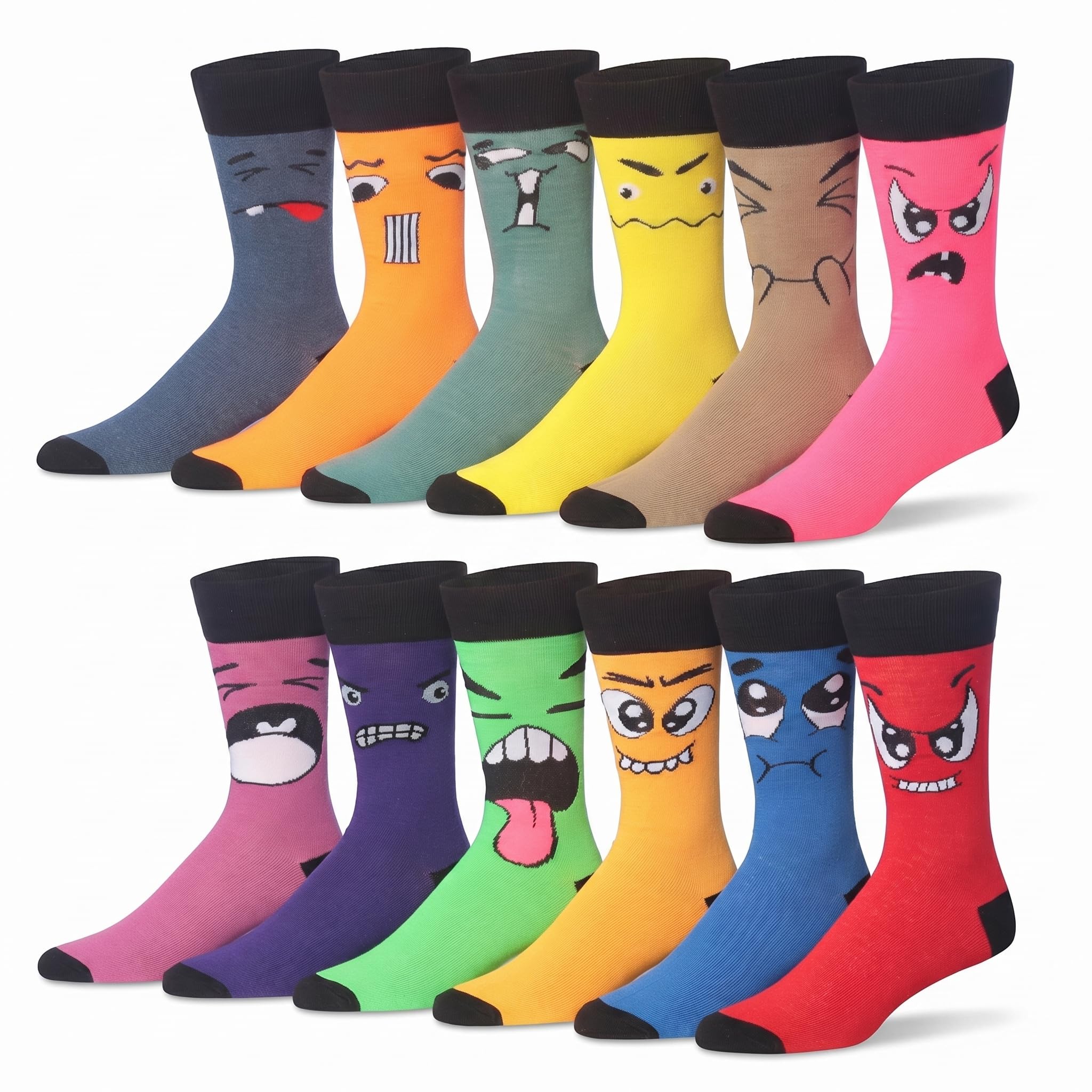JAMES FIALLO Dress Socks for Men, Men's Casual Colorful 12 Pack Of Animated Characters Funny Mood Faces Novelty Colorful Dress Socks, M192-12-T1