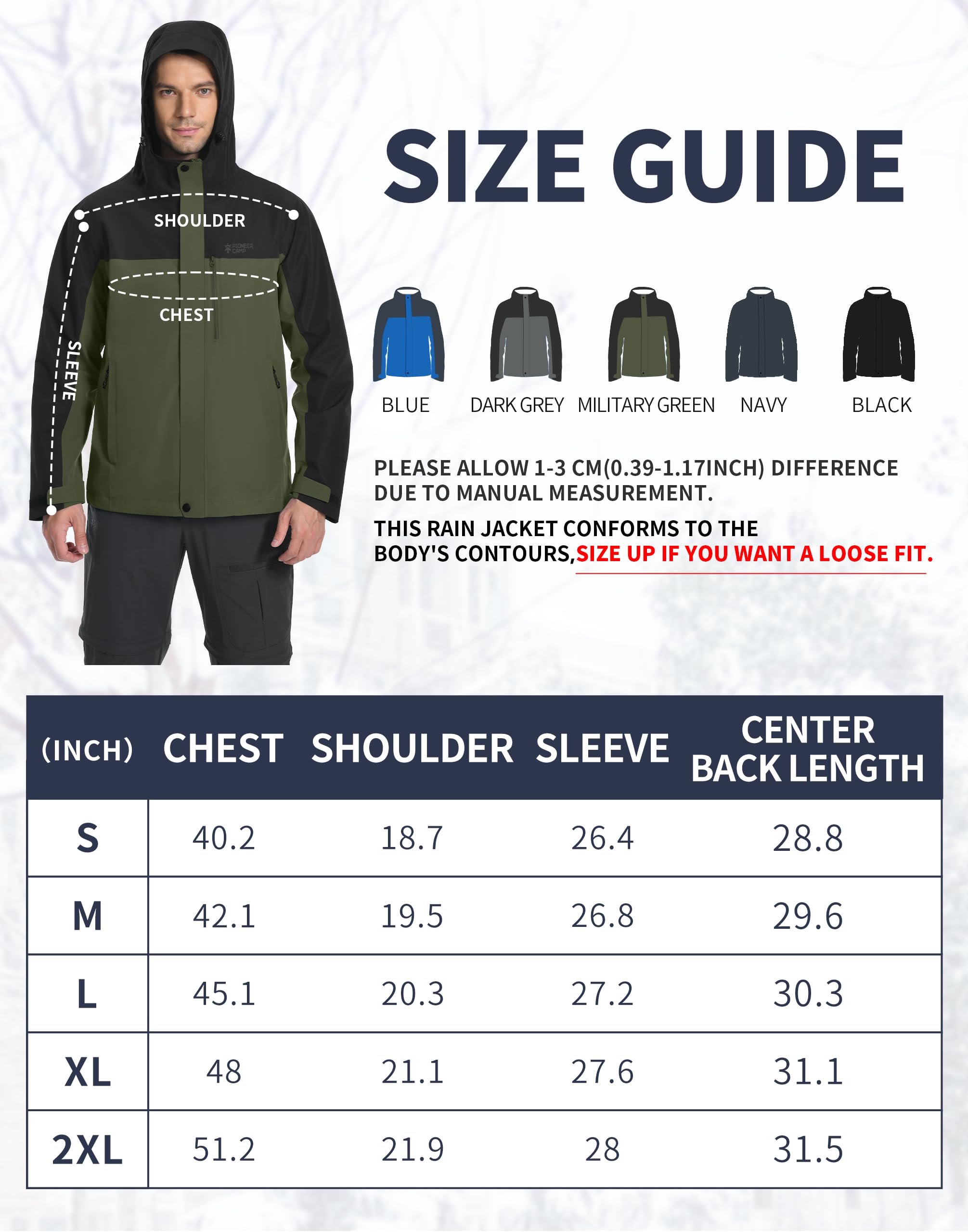 Pioneer Camp Chaqueta impermeable para hombre, con capucha, ligera, para senderismo, 4 bolsillos, cortavientos