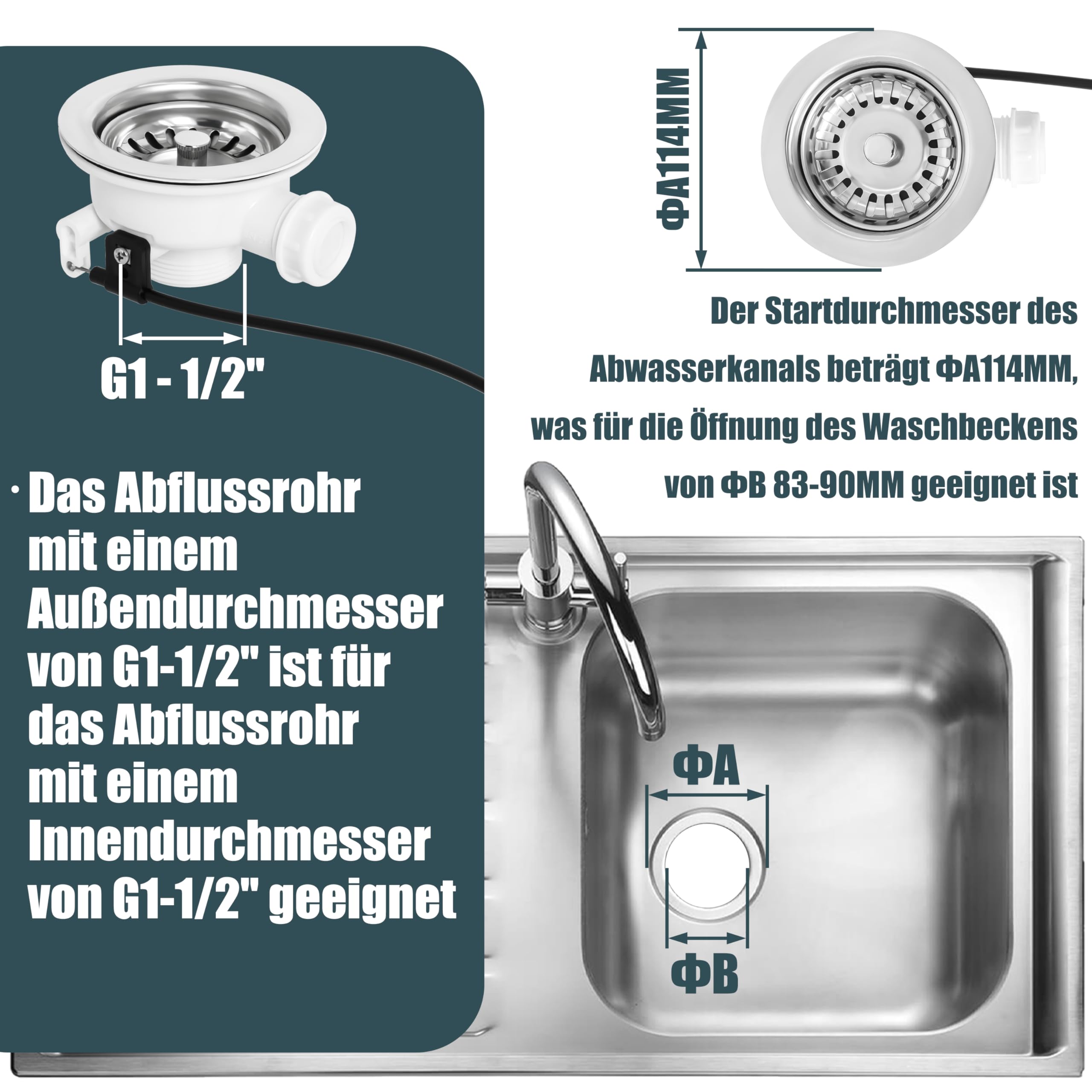Gekufa Bonde d'écoulement pour évier Ø 114 mm | Panier à tamis excentré à corde pour évier standard, pas pour dimensions spéciales