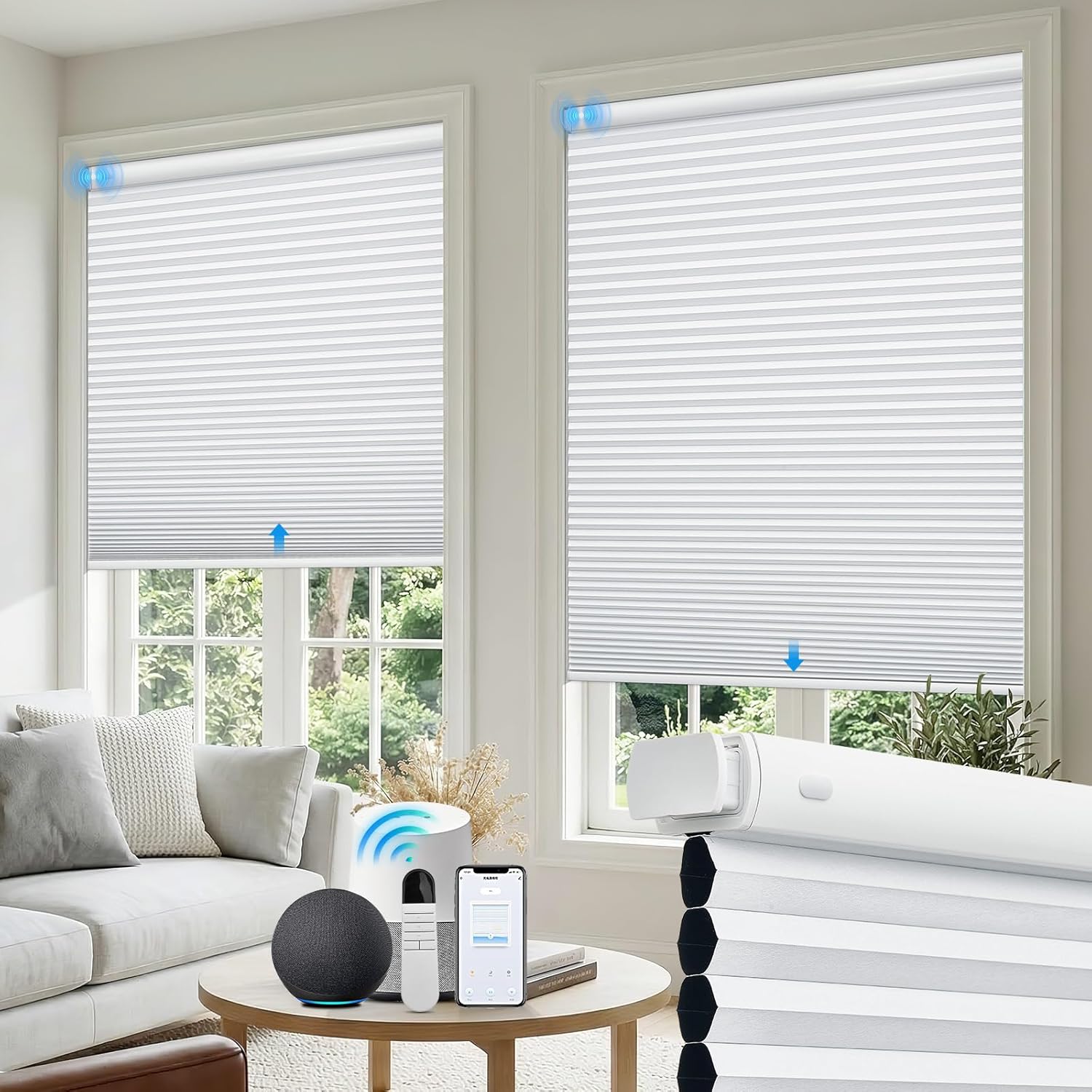 Motorized No Drill Cordless Cellular Shades, 1.5" Smart Electric Honeycomb Blind with Remote Control, Automatic No Drill Cellular Shades for Home and Office Indoor Window, Light filtering Brown