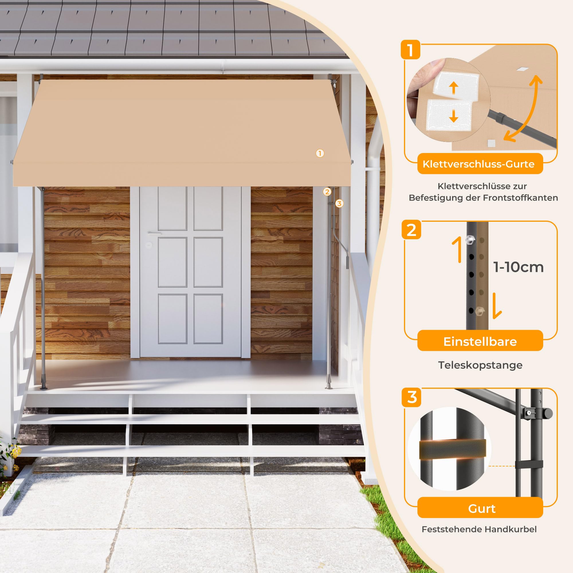 HOMEDEMO Klemmmarkise mit Einstellbare Handkurbel, Balkonmarkise ohne Bohren, Markise Sonnenschutz, UV-beständig & höhenverstellbar für Outdoor, Terrasse, Balkon, Garten, Khaki, 300 x 125-150 cm