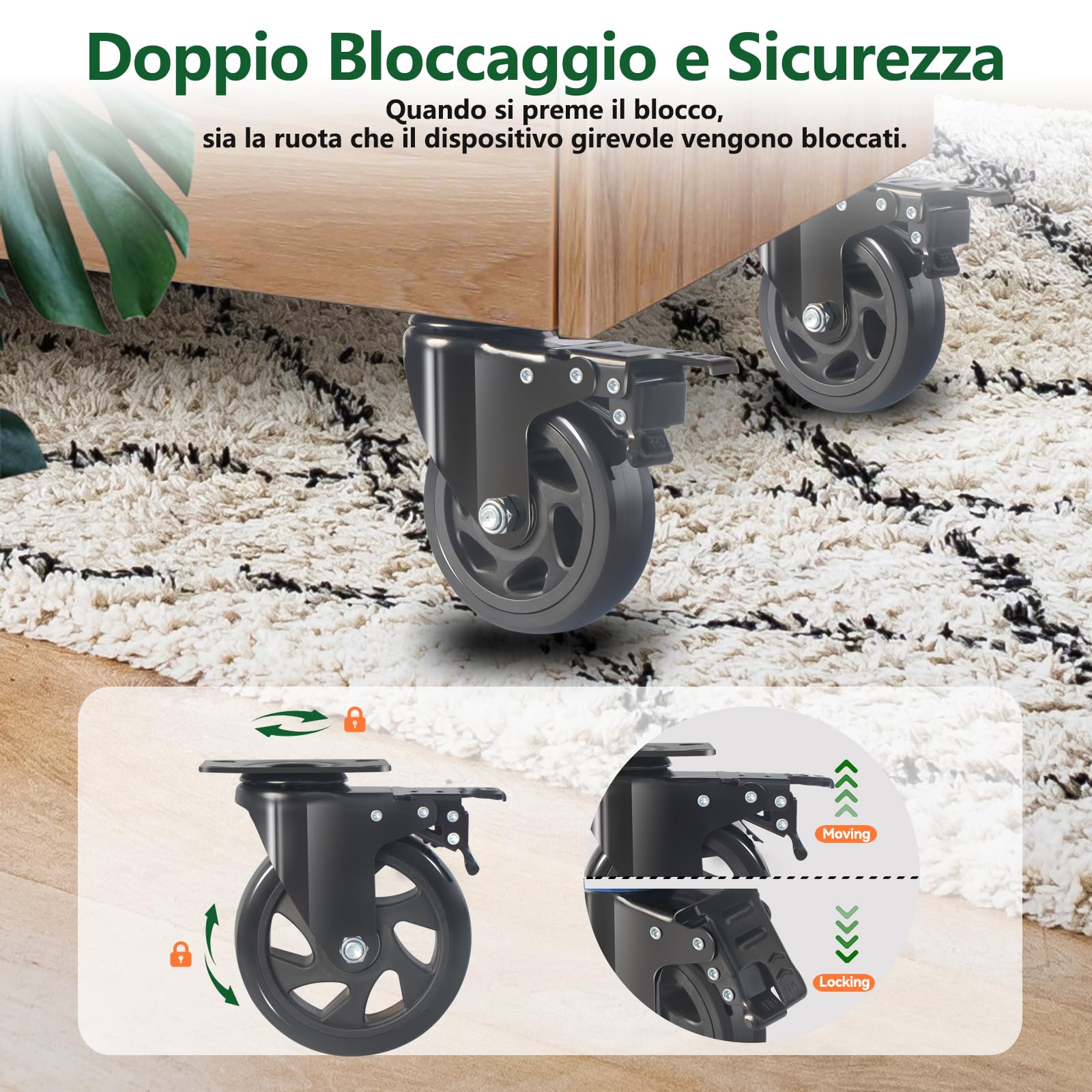 Ruote per Mobili Pesanti da 100MM, Ruote per Carrello con Freno Carico 600kg, Set di 4 Rotelle Girevoli per Mobili Rotanti a 360°, Ruota Pesanti Rotelle in PU Silenziose e Resistenti