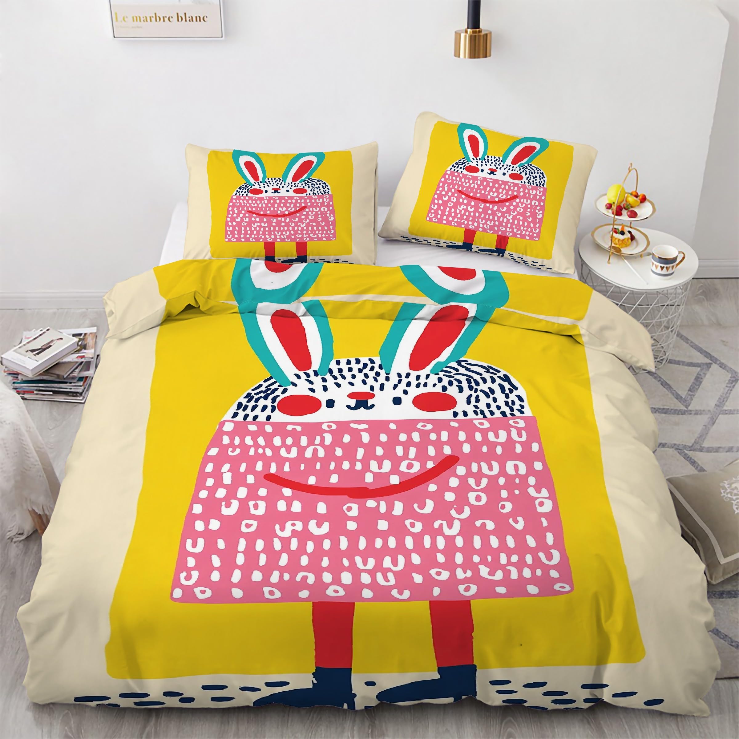 Ensemble de literie 3 pièces lapin avec housse couette 90x190 et taies