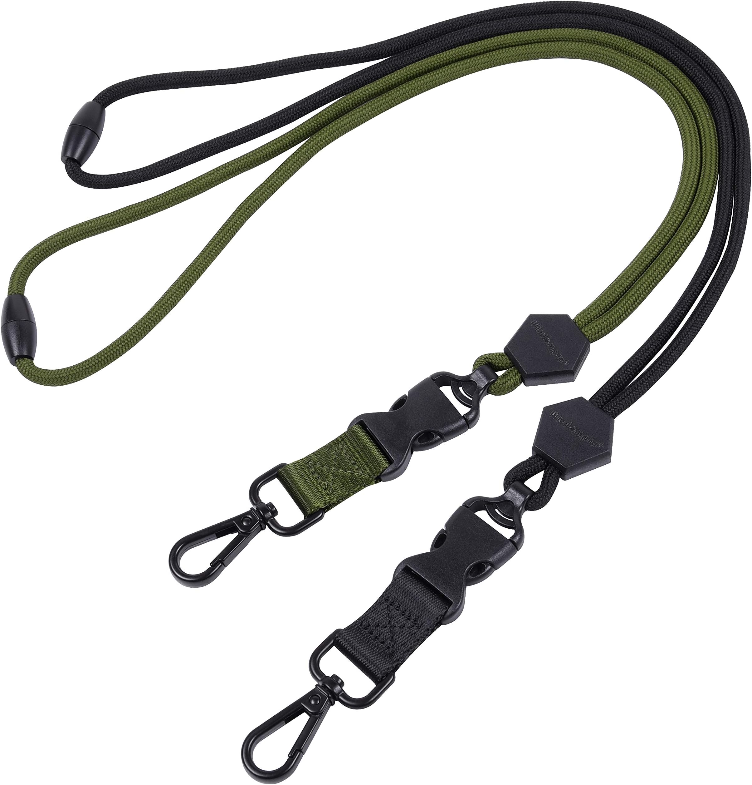 wisdompro 2 Pack of 23 inch Durable Round Cord Adjustable Lanyard with Safety Breakaway Buckle, Detachable Buckle and Heavy Duty Metal Hook for ID Card Badge Holder and Keys - Black and Army Green