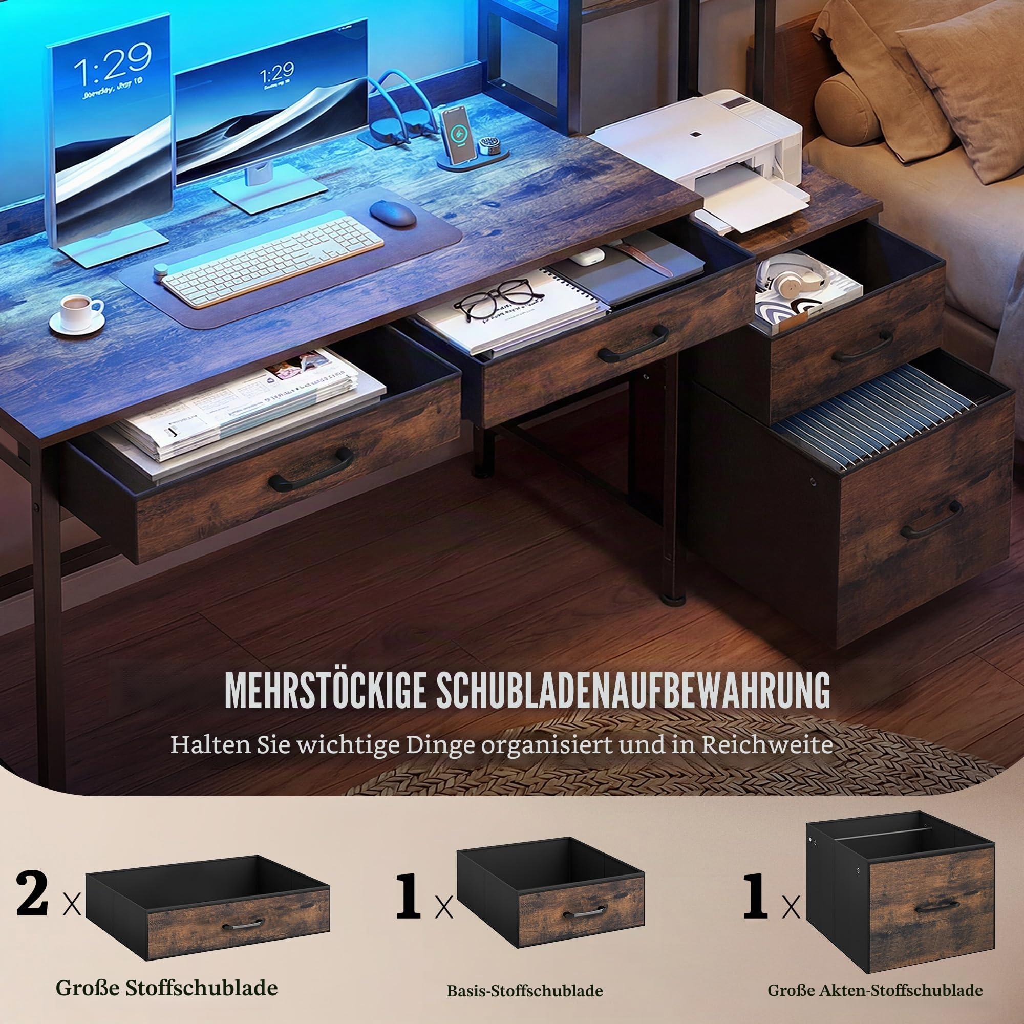 YITAHOME Computer Schreibtisch mit Schubladen, 150W x 50D x 150H cm Eckschreibtisch Für Home Office, Computer Tisch Aufbewahrungen & Regale, Gaming Schreibtisch mit LED Licht & Steckdosen, Braun