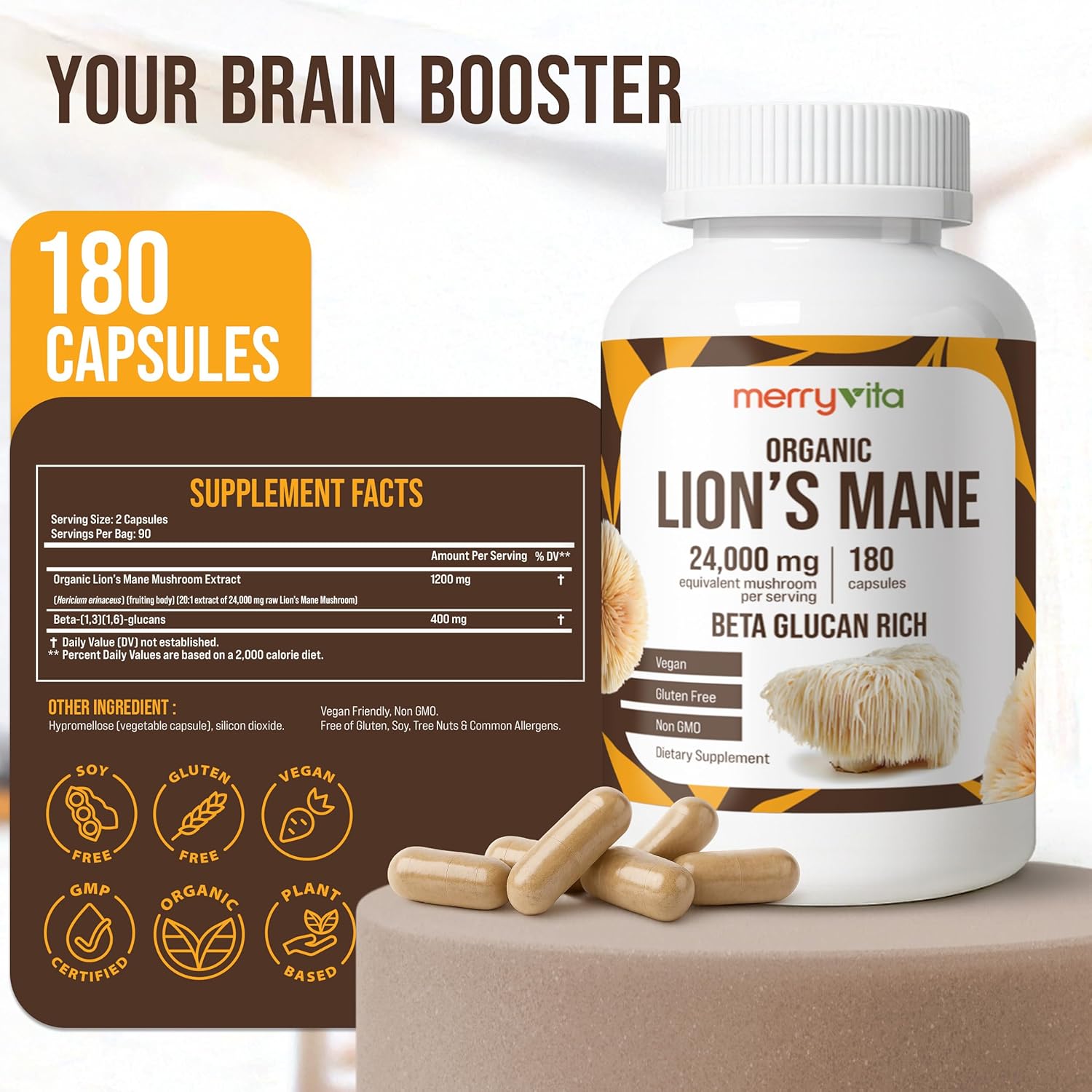MERRY VITA Lion’s Mane Supplement Capsules – Mushroom Supplement for Immune Brain, Memory & Focus - Non GMO, Vegan Friendly - 180 Capsules