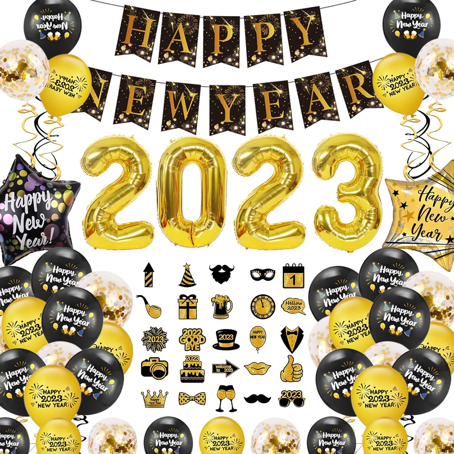 DUGEHO Decoracion Nochevieja 2023 Set, 52 Piezas Decoración de fiesta de Nochevieja, 2023 Globos, Banderinas Feliz Año Happy New Year, Para Fiestas de Fin de Año