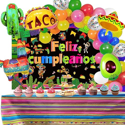 Decoraciones de fiesta temática mexicana, suministros para fiestas, globos de guirnalda de arco, kit de arco de feliz cumpleaños, mantel de telón de