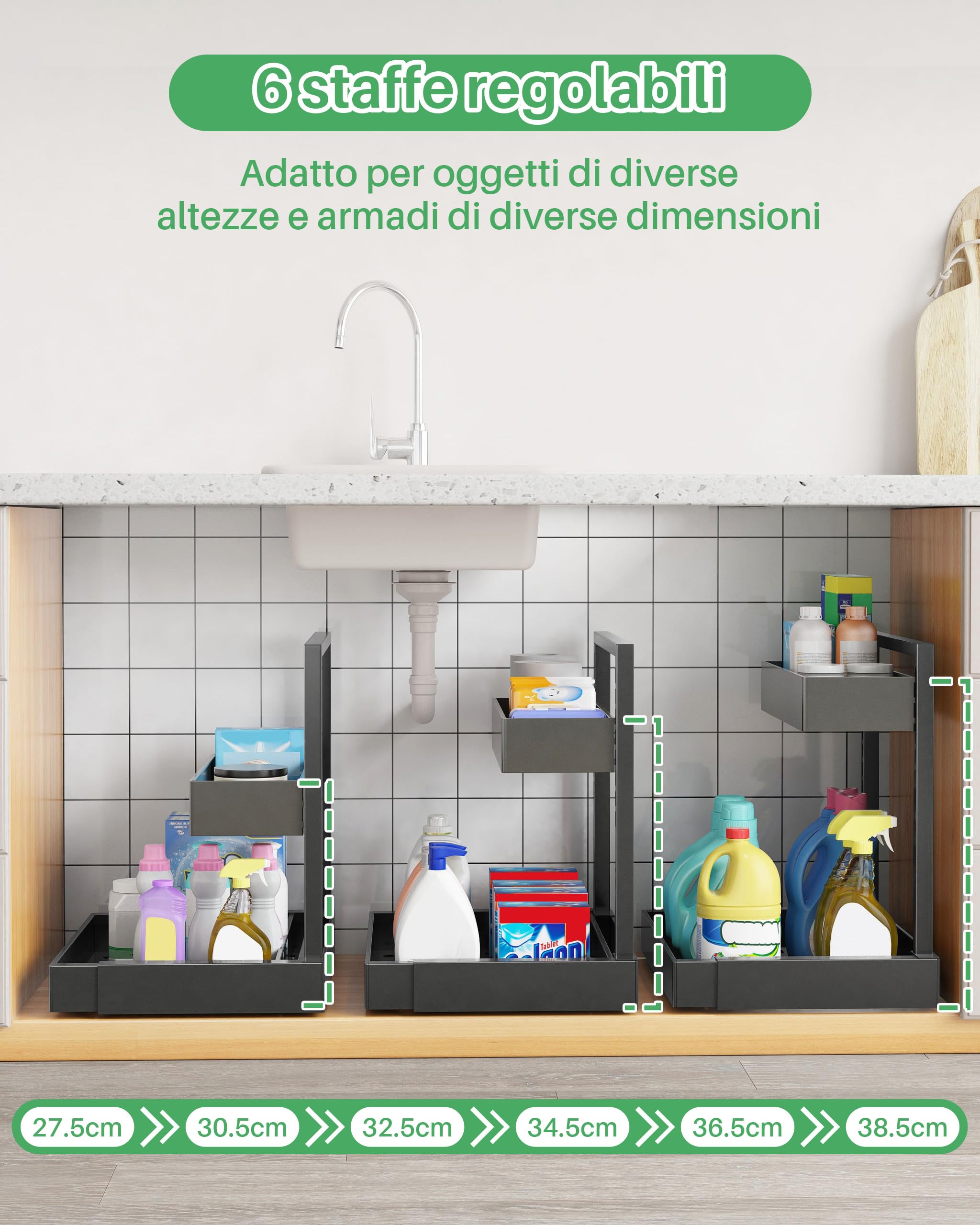 UMDONX Organizer Sottolavello Cucina 2 Livelli Metallo Organizer Larghezza Regolabile Organizzatore Sotto Lavello,Nero