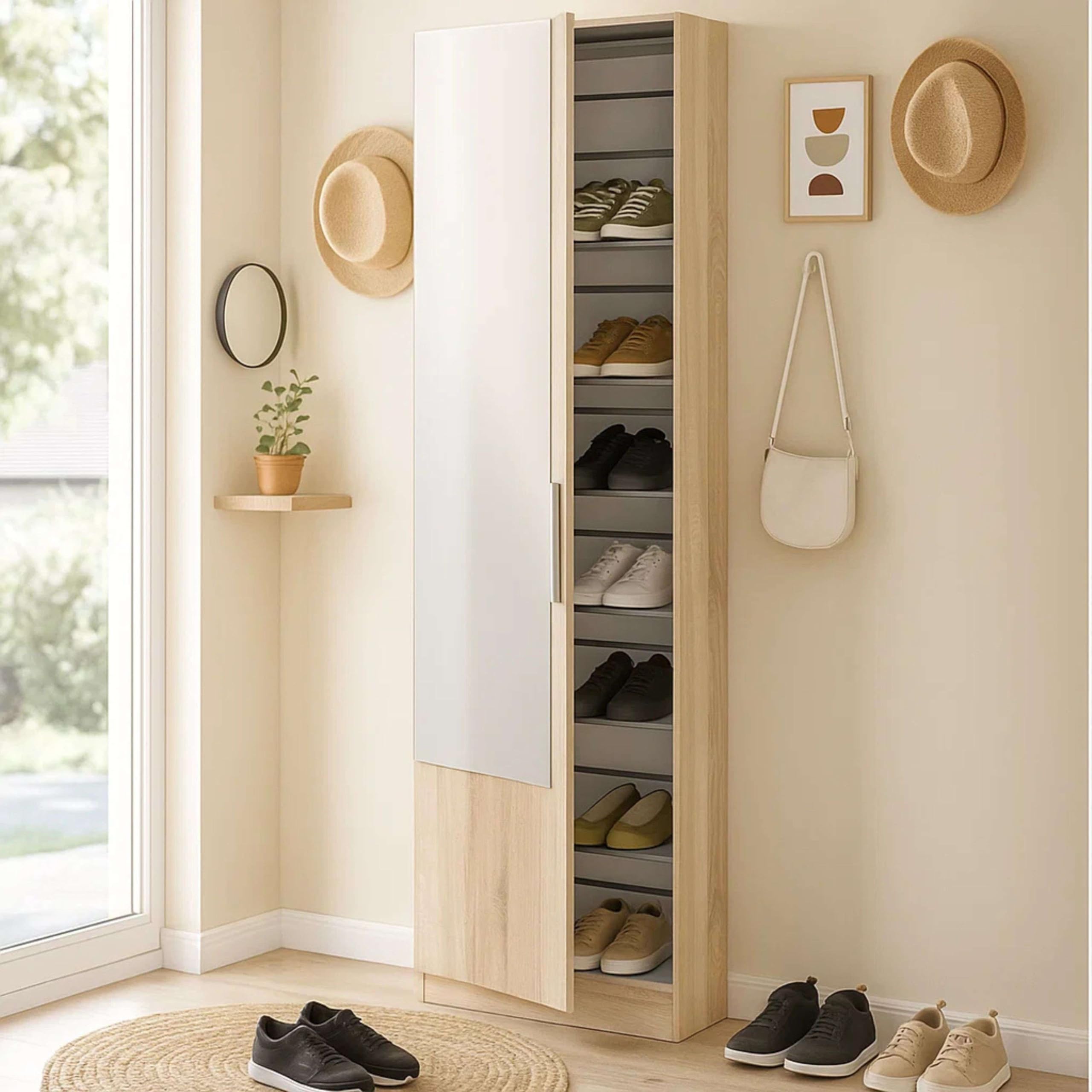 Habitdesign Mueble Zapatero 1 Puerta con Espejo en Roble Canadian para Entrada o vestidor 180x50x22
