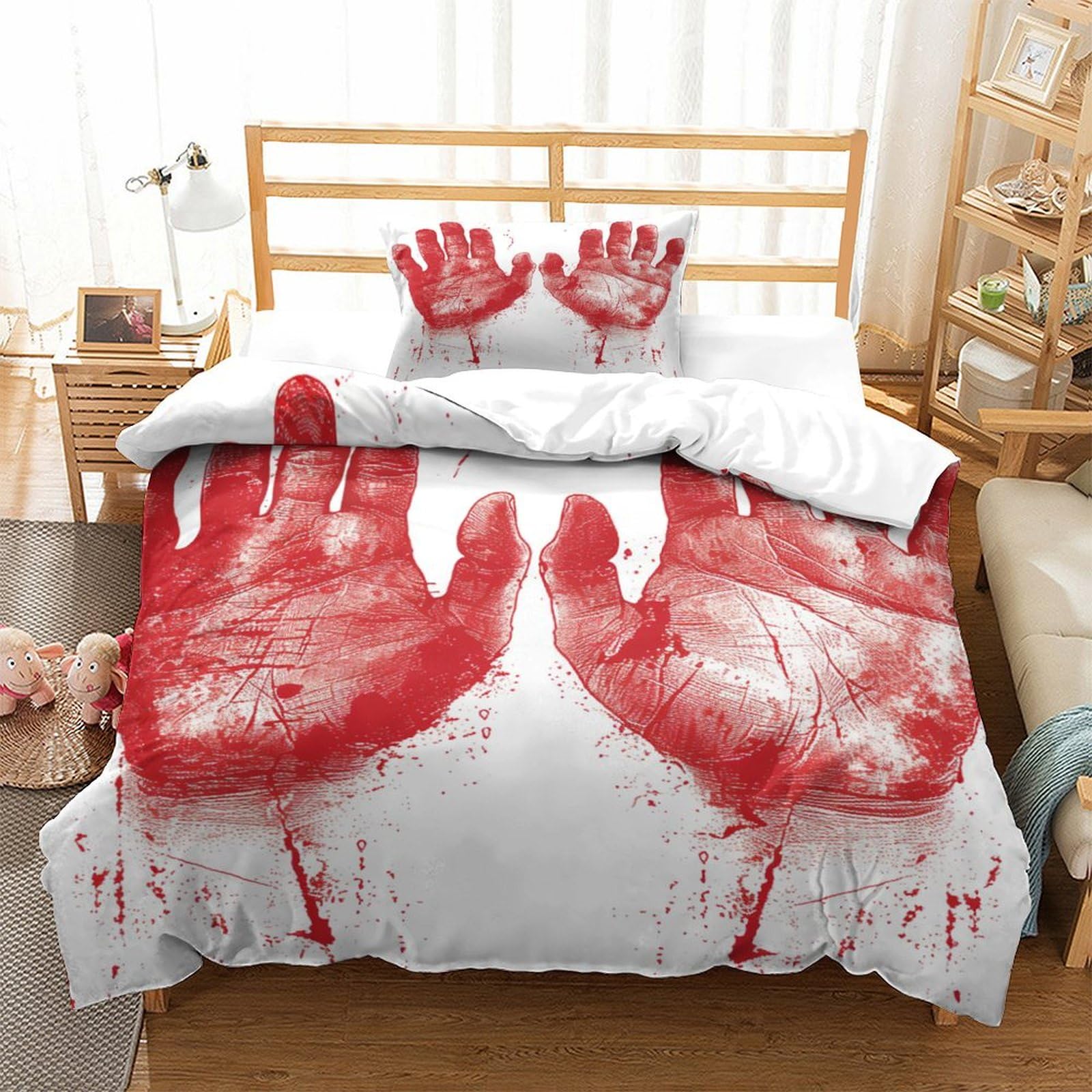 P1S9U7W5Y Creative Bloody Handprint 3D Printed Duvet Cover Set 3pcs Microfiber Realistic Palm Bedding Set Single（135x200cm）