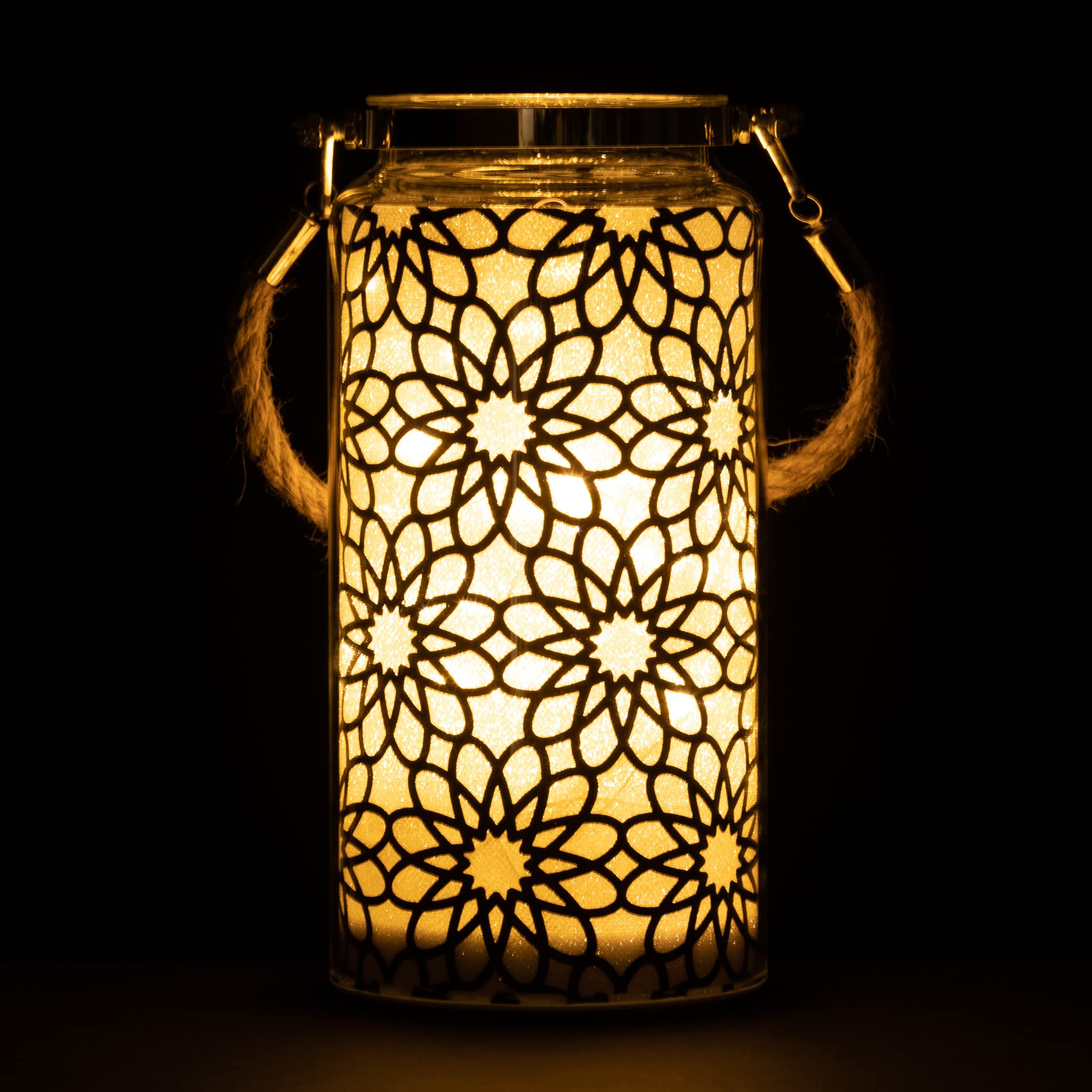 SHATCHI 20cm Christmas Decorated Jar Table Lamp Etched Glass Tube Flowers Design Black Lantern LED Fairy Lights Battery Operated