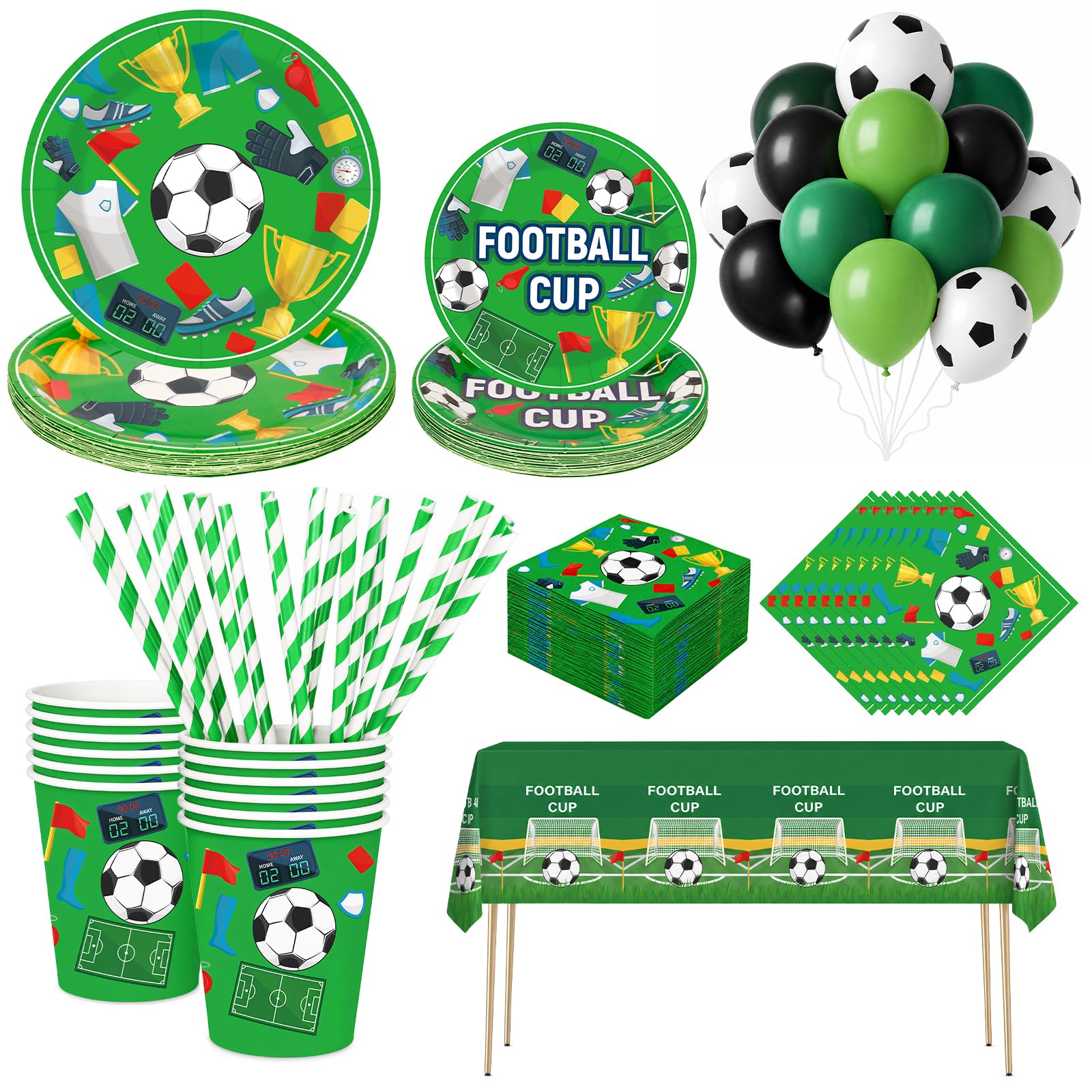 131PCS Football Party Tableware Set - 20 Guest Premium Paper Plates (9” & 7”), Cups, football balloons,Napkins & Straws & Football Print Tablecloth- Complete World Cup, Sports Theme Birthday Party Dec