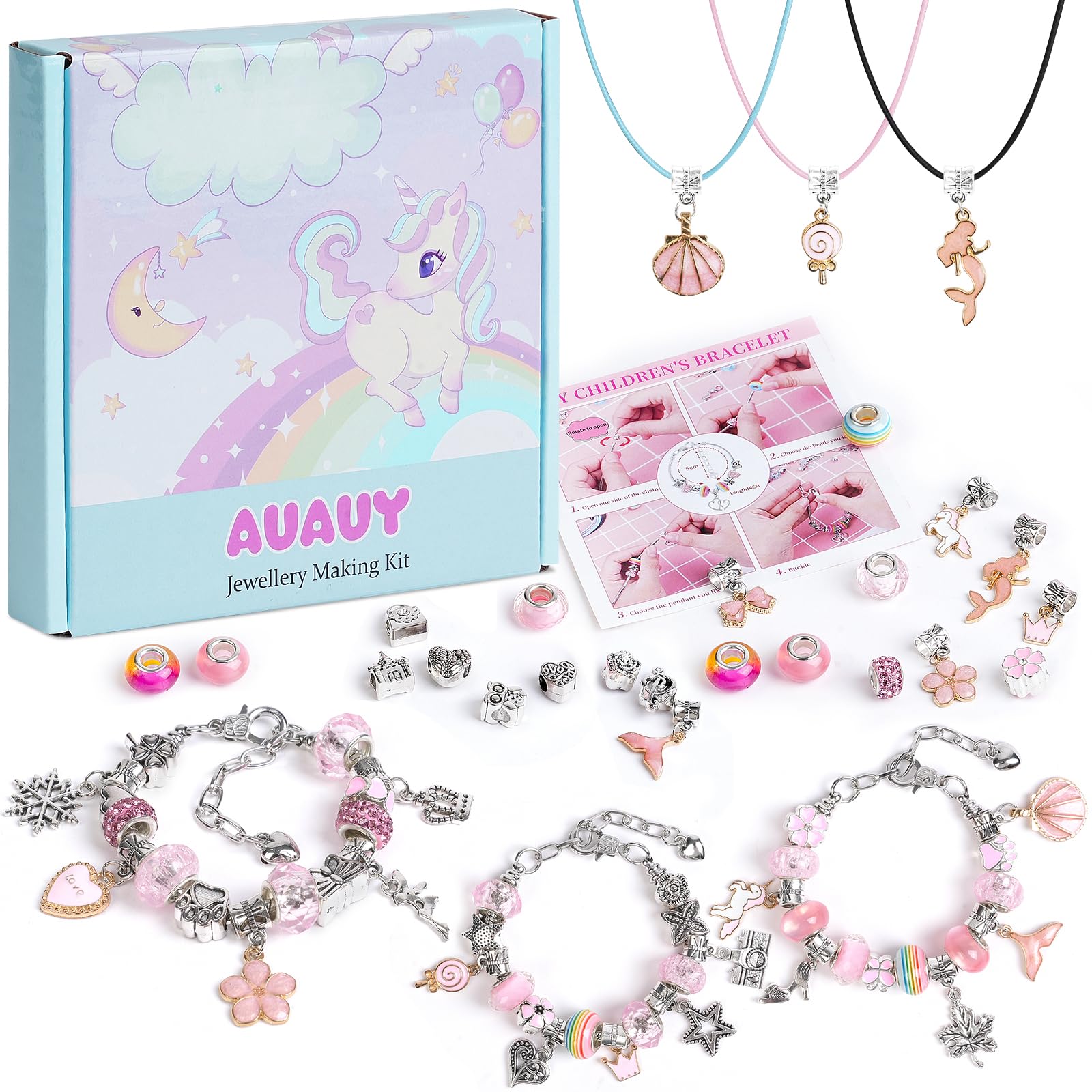 AUAUY Kit per la creazione di braccialetti con ciondoli, 66 pezzi, regali per ragazze, gioielleria per bambini 5-10 anni (rosa)
