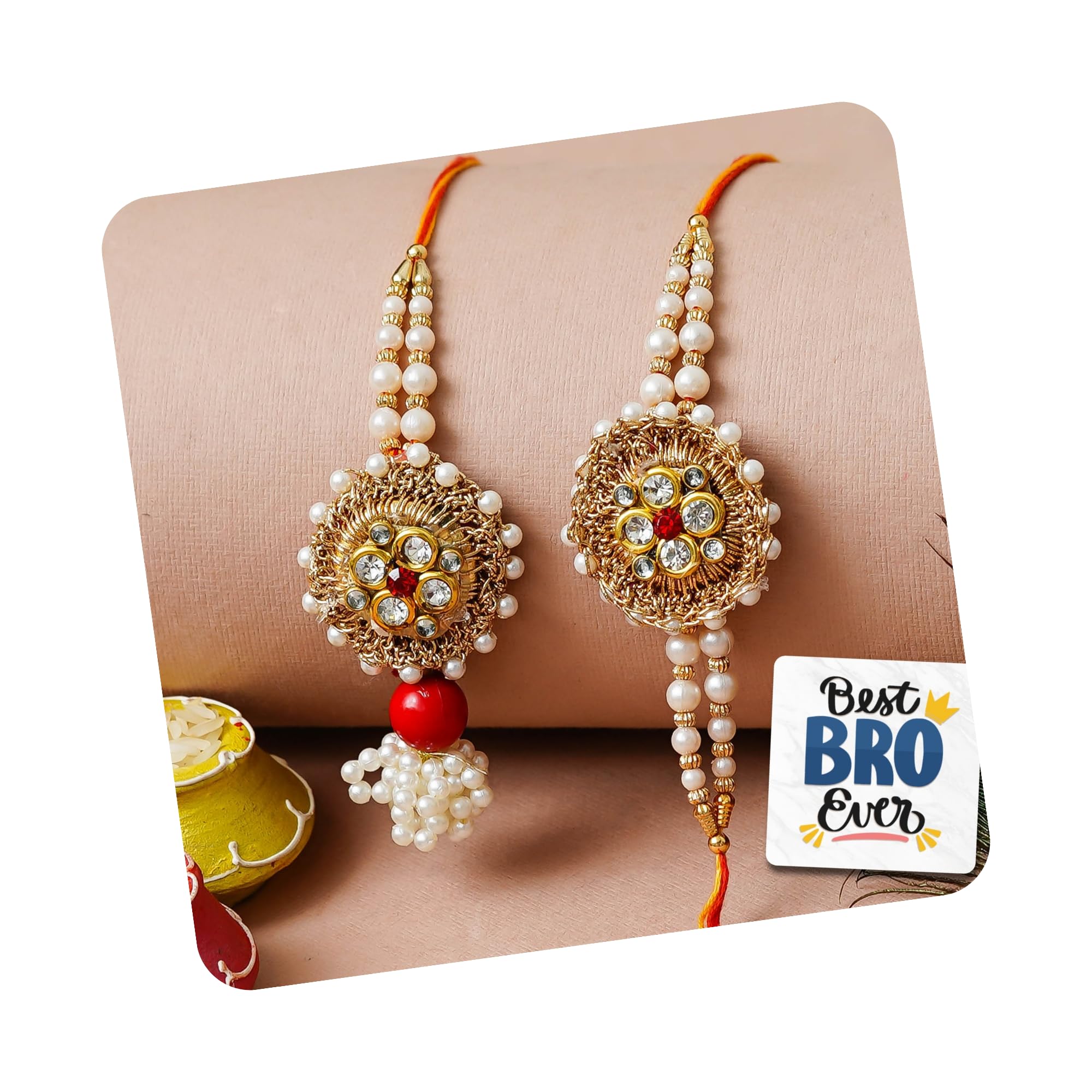 eCraftIndia Golden White Floral Designer Rakhis for Brother and Bhabhi | Bhaiya Bhabhi Rakhi Set of 2 | Lumba Rakhi for Bhabhi | Best Bro Ever Fridge Magnet | Roli Chawal Pack-picture-33