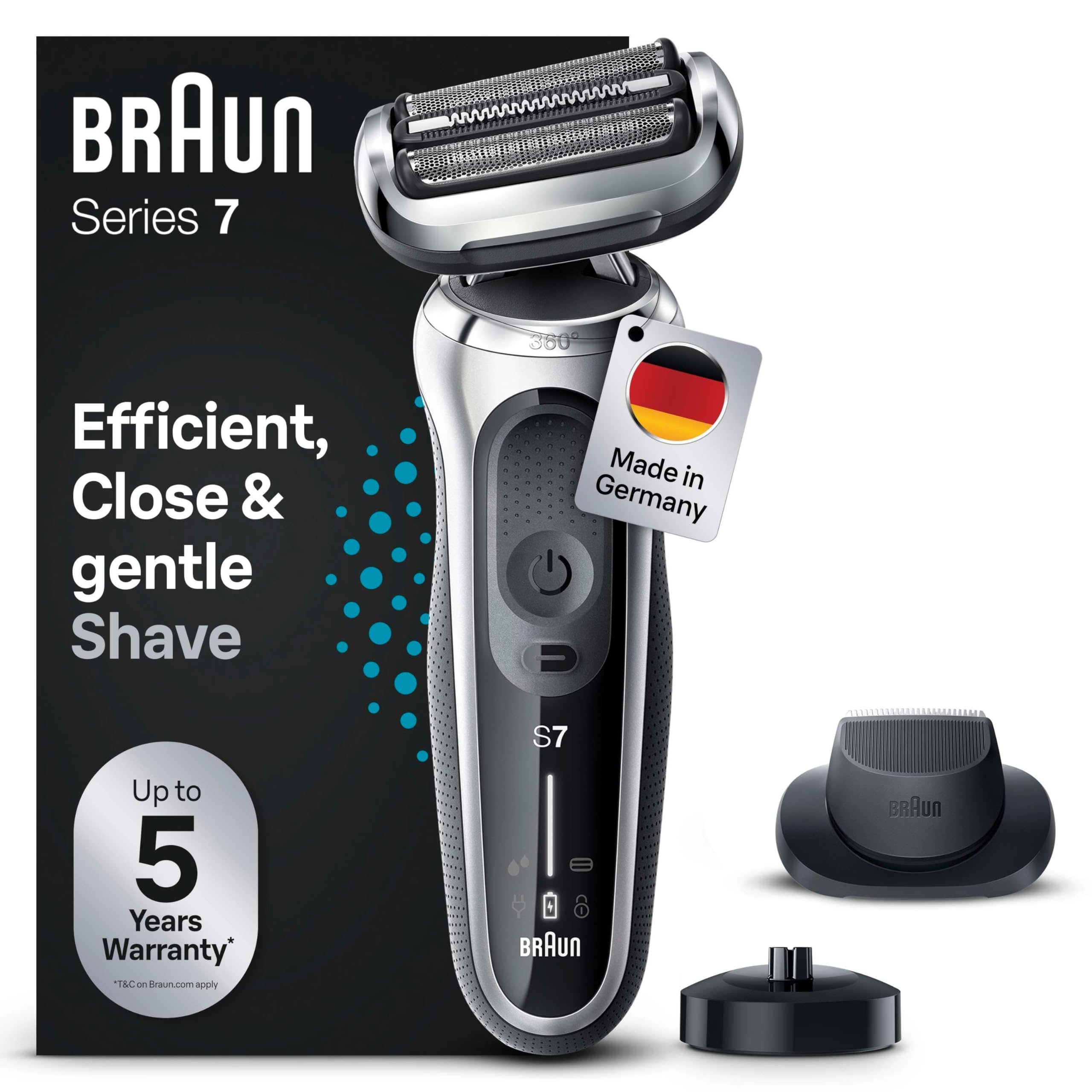 Braun Series 7 Elektrorasierer 360° Flex mit EasyClick Präzisionstrimmer, Rasierer Herren mit Aufsatz, Wet und Dry, Made in Germany, 71-S4200cs, silber