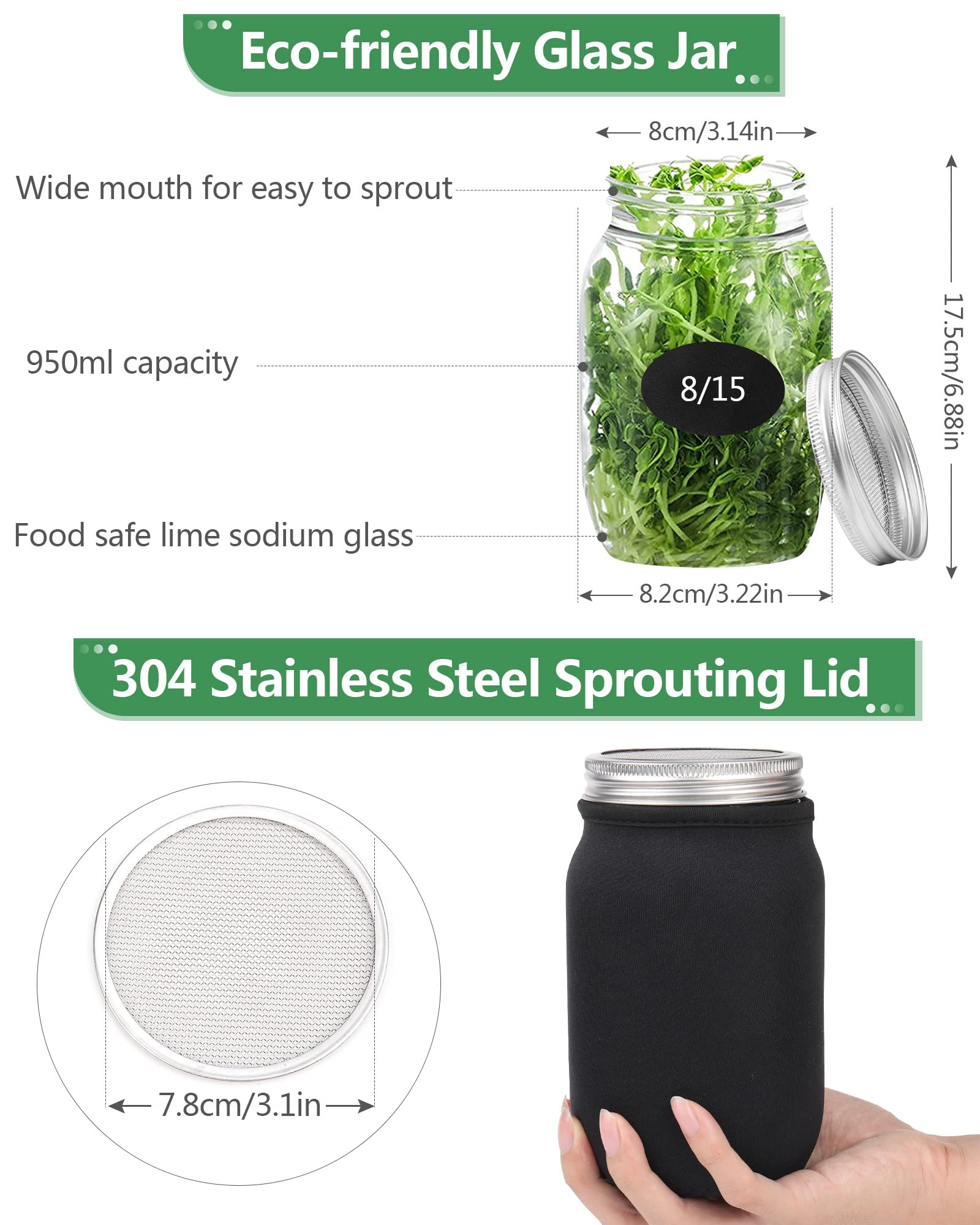Kit De Germination BEAR PAW - 2 Bocaux En Verre 1000 Ml, Support Bambou, Housse D'obscurité, Pour Faire Pousser Des Graines Germées