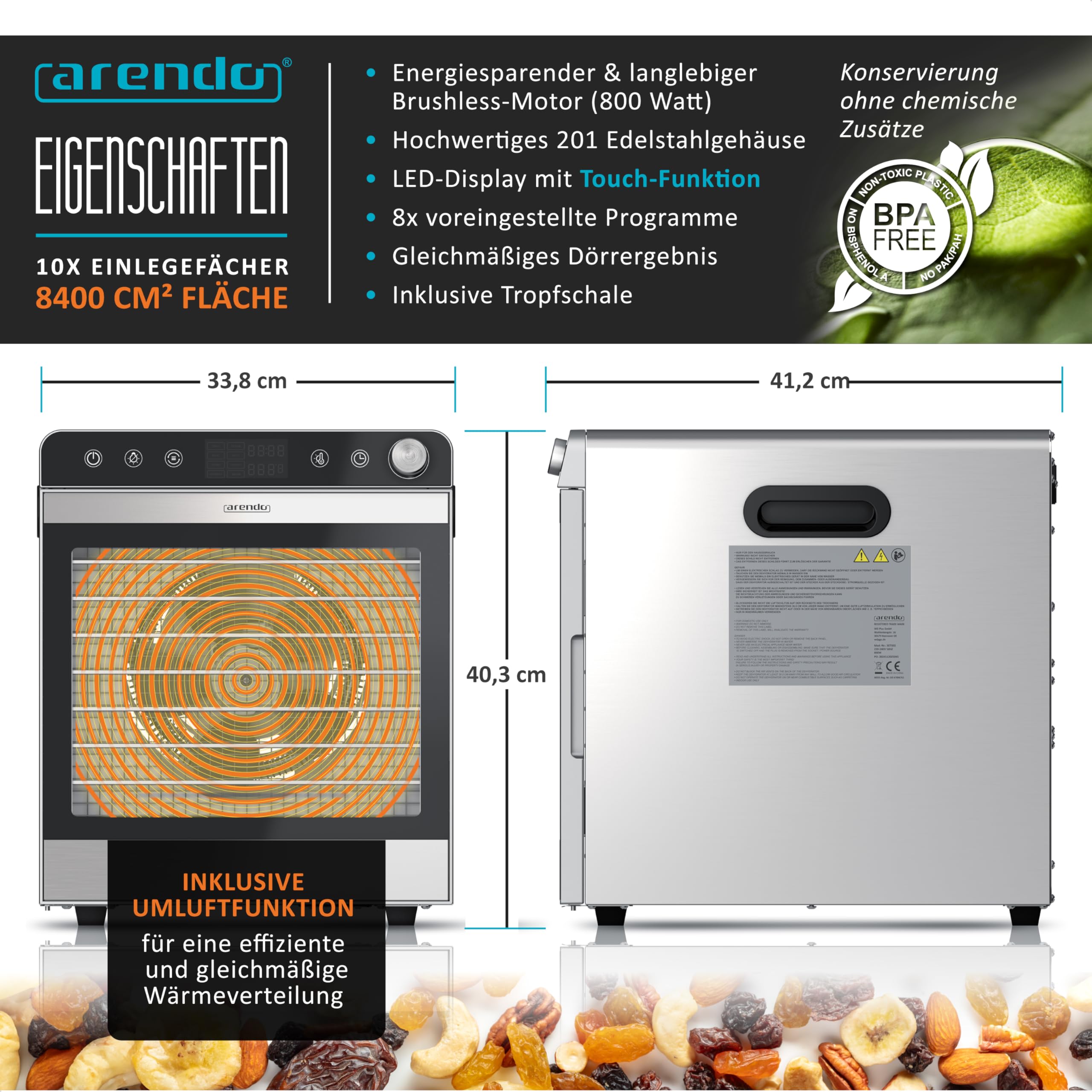 Arendo - Dörrautomat Edelstahl mit 10 Edelstahlgitter - 8400 cm² - Dörrgerät Dehydrator Obsttrockner Dörrapparat - Obst Fleisch Pilze uvm