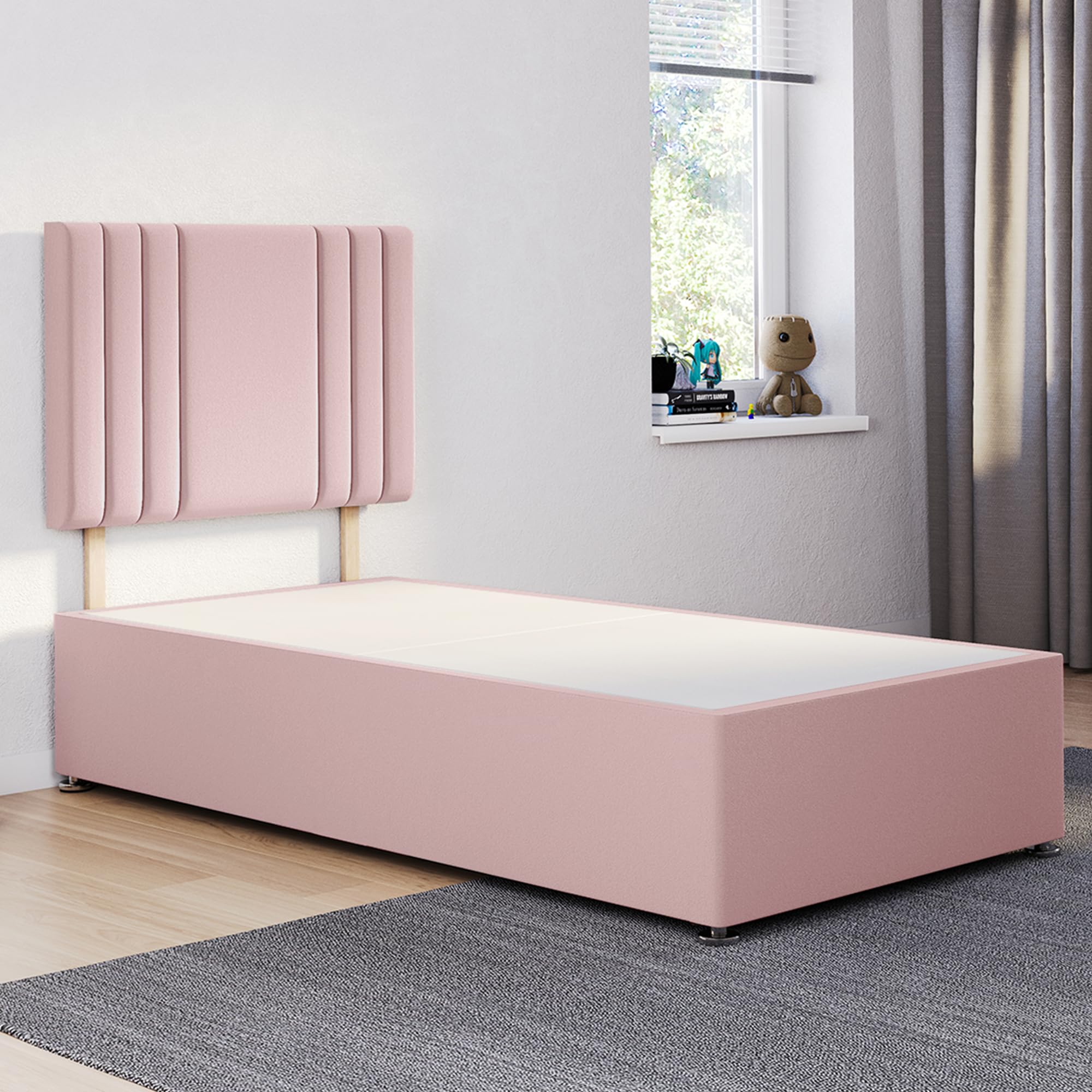 ComfoRest Single Divan Bed Base with Streak Headboard - 3FT - (Pink Plush) - Compact Frame for Everyday Bedrooms - Ideal Choice for Flats or Guest Spaces - No Mattress, No Drawers