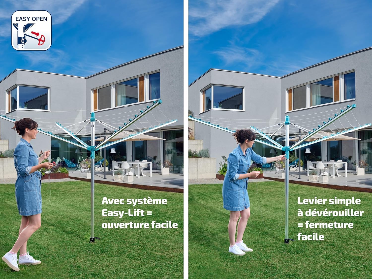 Leifheit Séchoir Parapluie Linomatic 500 Easy avec Housse de Protection, Douille de Sol, Système Easy-Lift, Etendoir à Linge 50m, Séchoir à Linge à Rétractation Automatique des Fils
