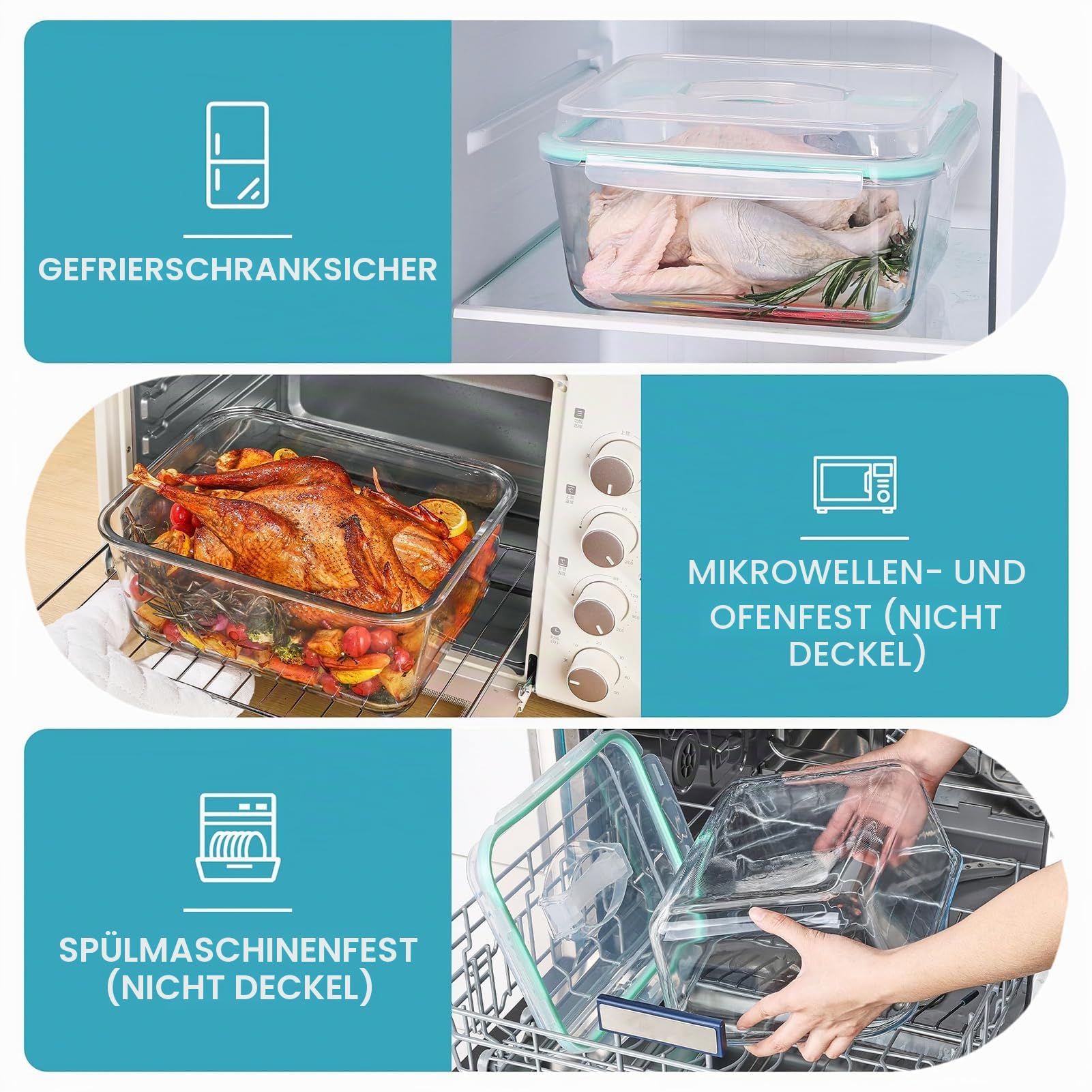6.5L Große Rischhaltedosen Glas mit Deckel, Vorratsdose, Luftdicht, Gefriergeeignet, Glasbehälter mit Deckel Groß für Hähnchen, Truthahn, Melone oder Partygerichte