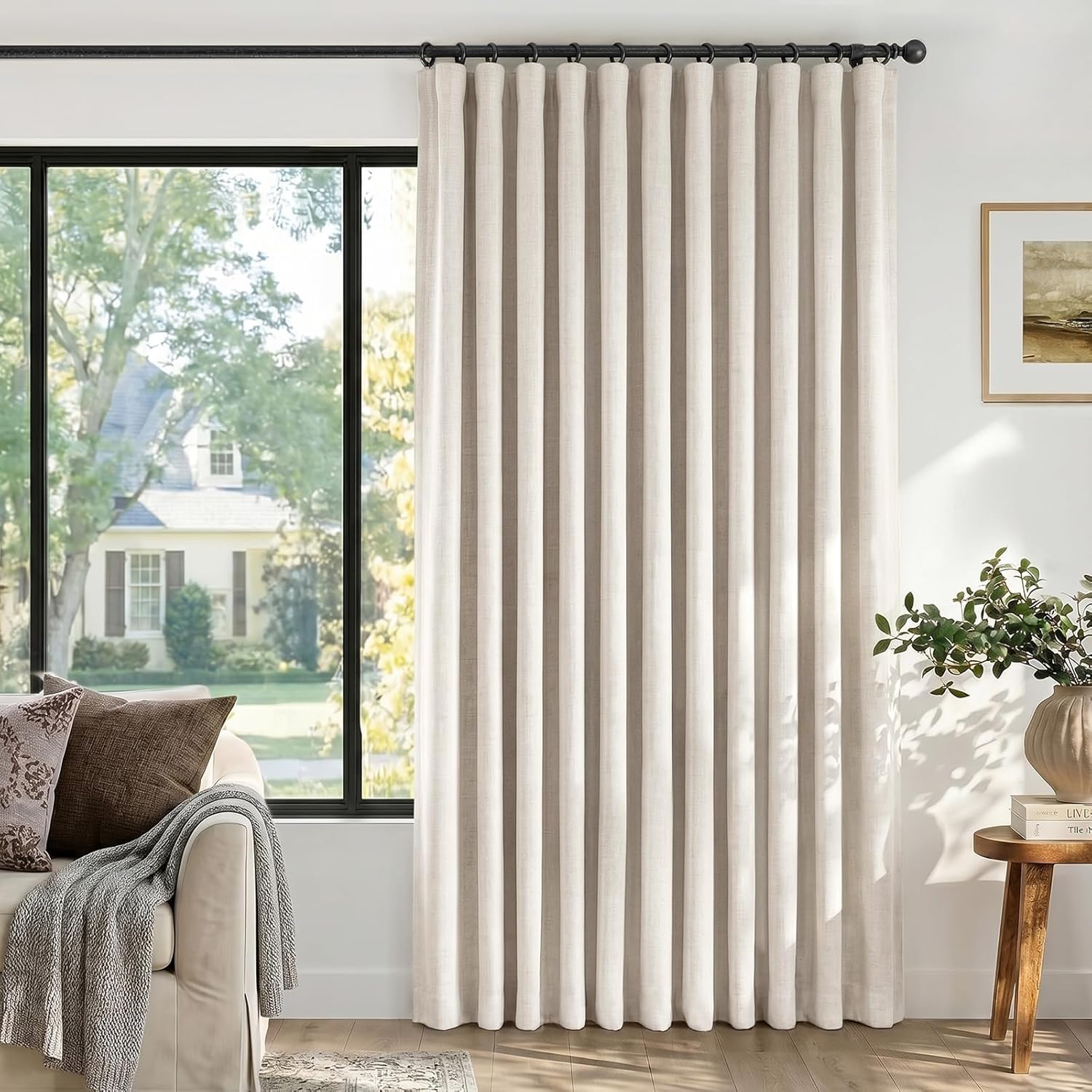 INOVADAY Thermal Sliding Door Curtains 100% Blackout Curtains for Bedroom, Sliding Glass Door Drapes Extra Wide for Patio Linen Textured Farmhouse Window Treatment, Beige, 1 Panel, W100xL84