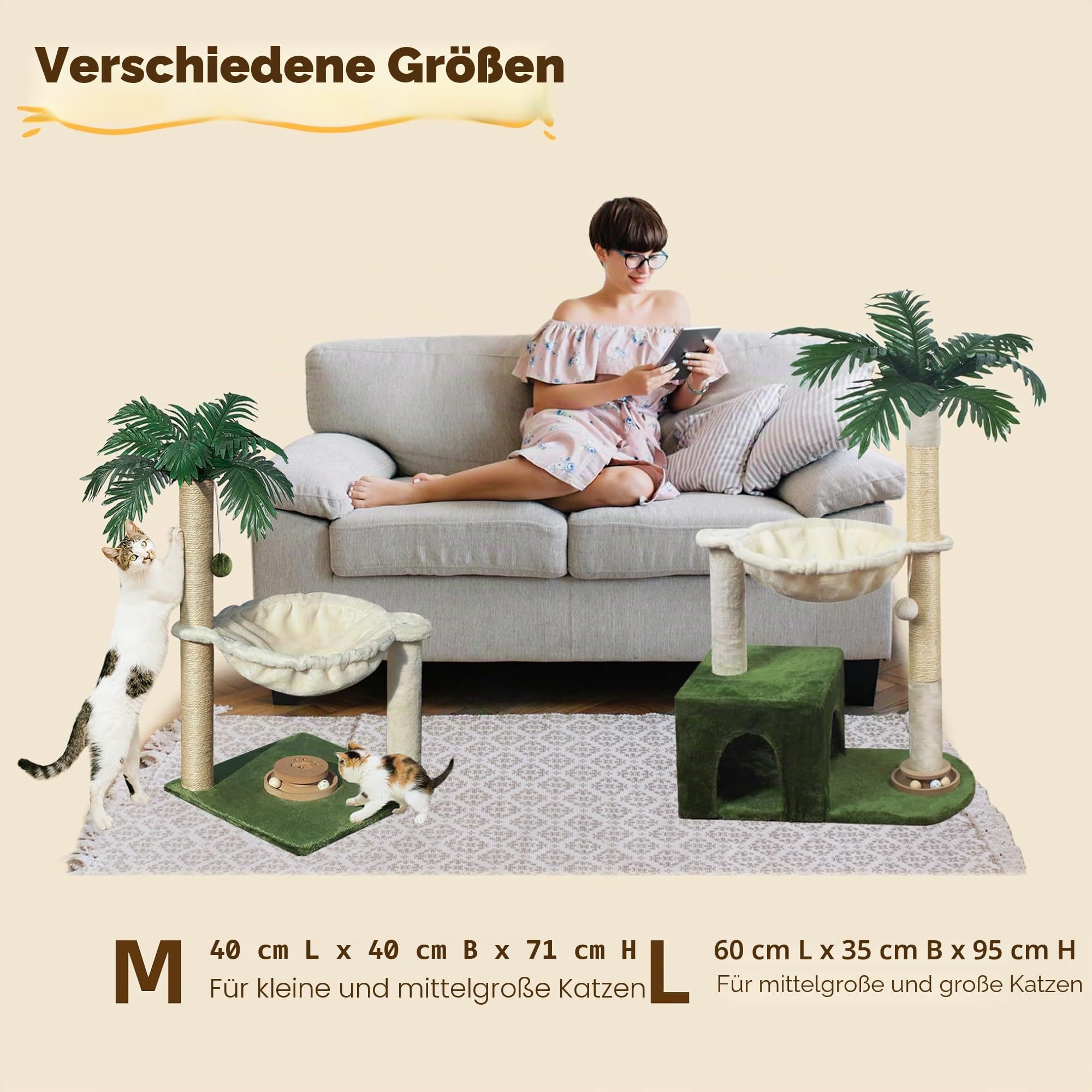Fantasreen Kratzbaum 95CM Katzenturm mit großer Hängematte aus Metall, Katzenkratzbaum für Wohnungskatzen mit Kondo, Katzenspielplatz Track Balls und Bouncy Ball, grün und weiß
